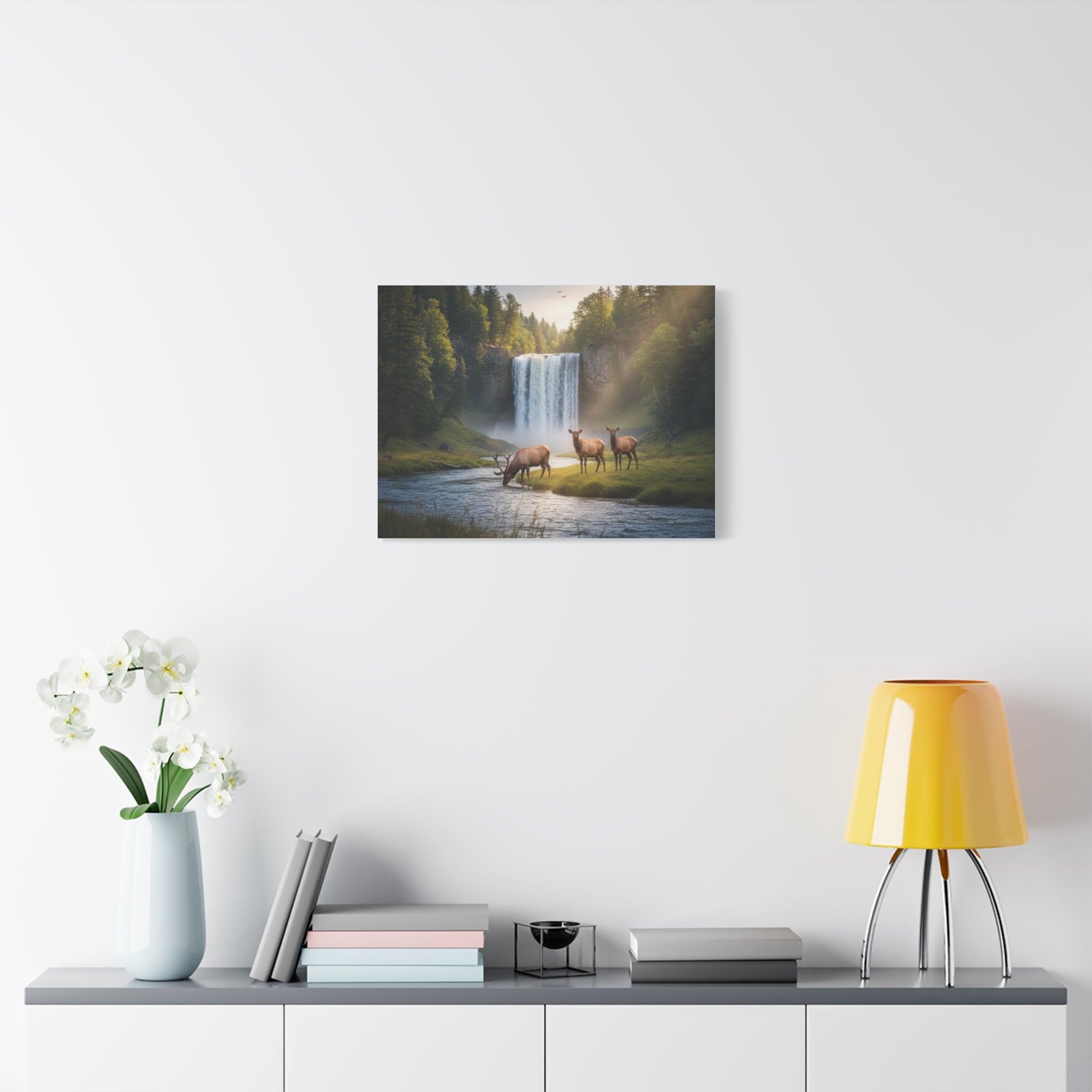 Waterfall Elk Canvas Print — Matte Stretched Wall Art