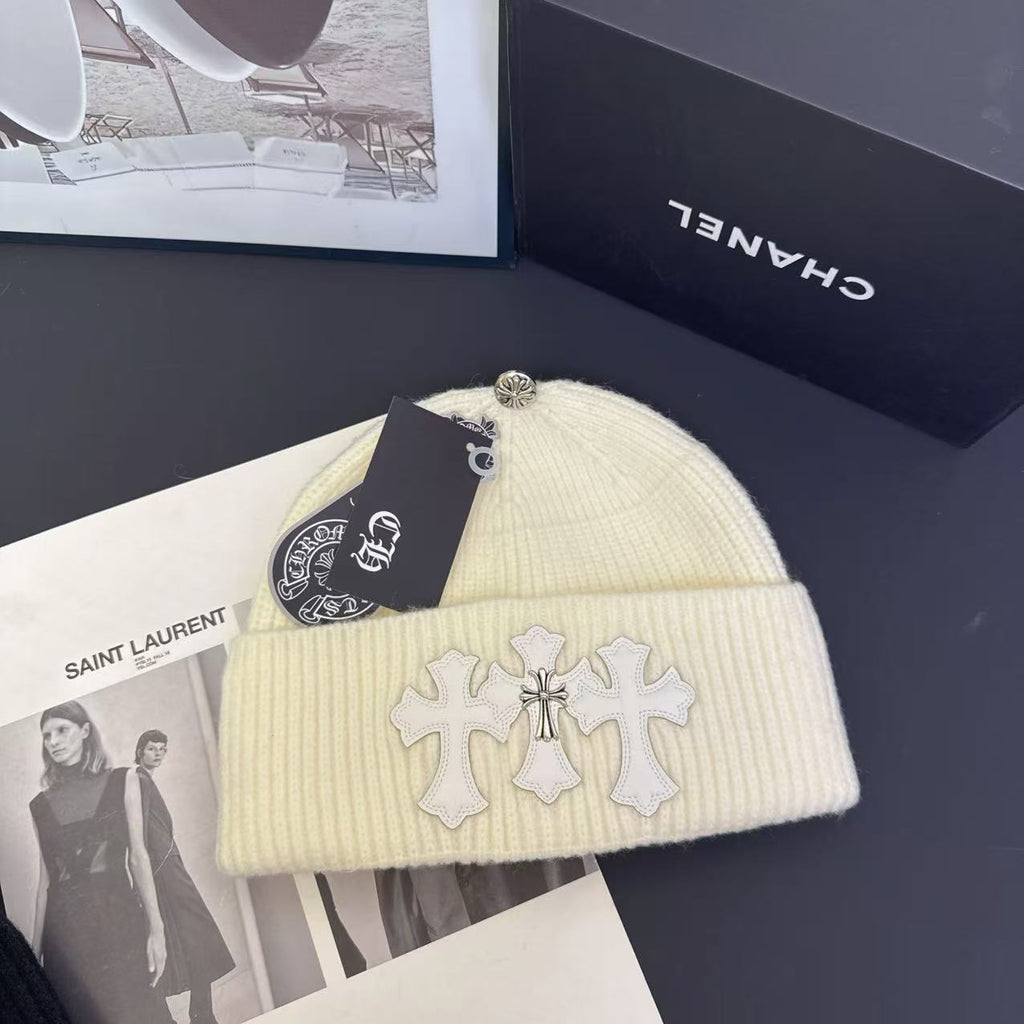 Knitted Hat with Cross Design Warm Ear Protection Beanie