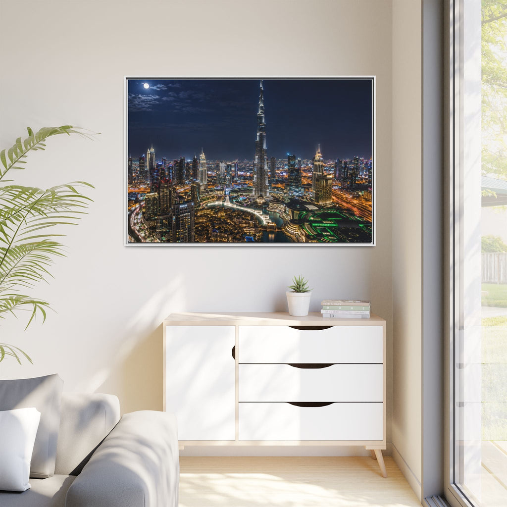 Dubai Night Skyline Matte Framed Canvas Print