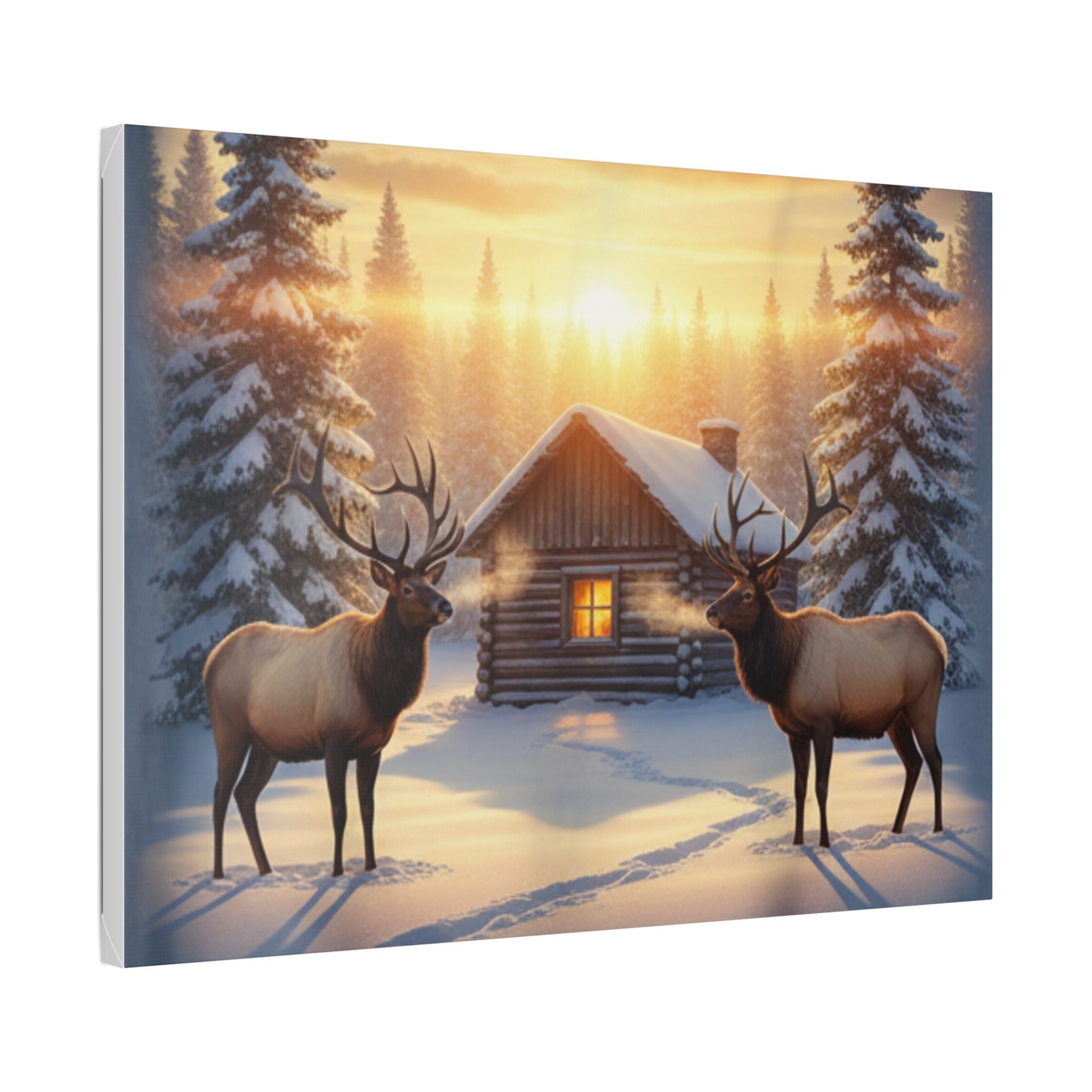 Winter Cabin Elk Canvas Wall Art – Cozy Snowy Forest Sunset Print