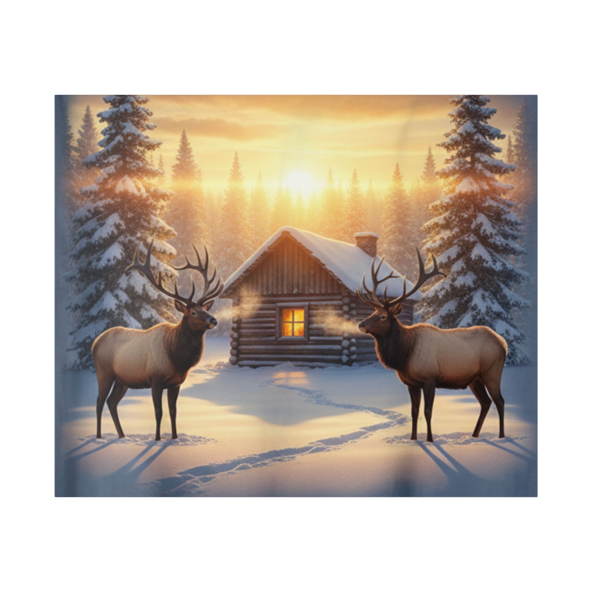 Winter Cabin Elk Canvas Wall Art – Cozy Snowy Forest Sunset Print
