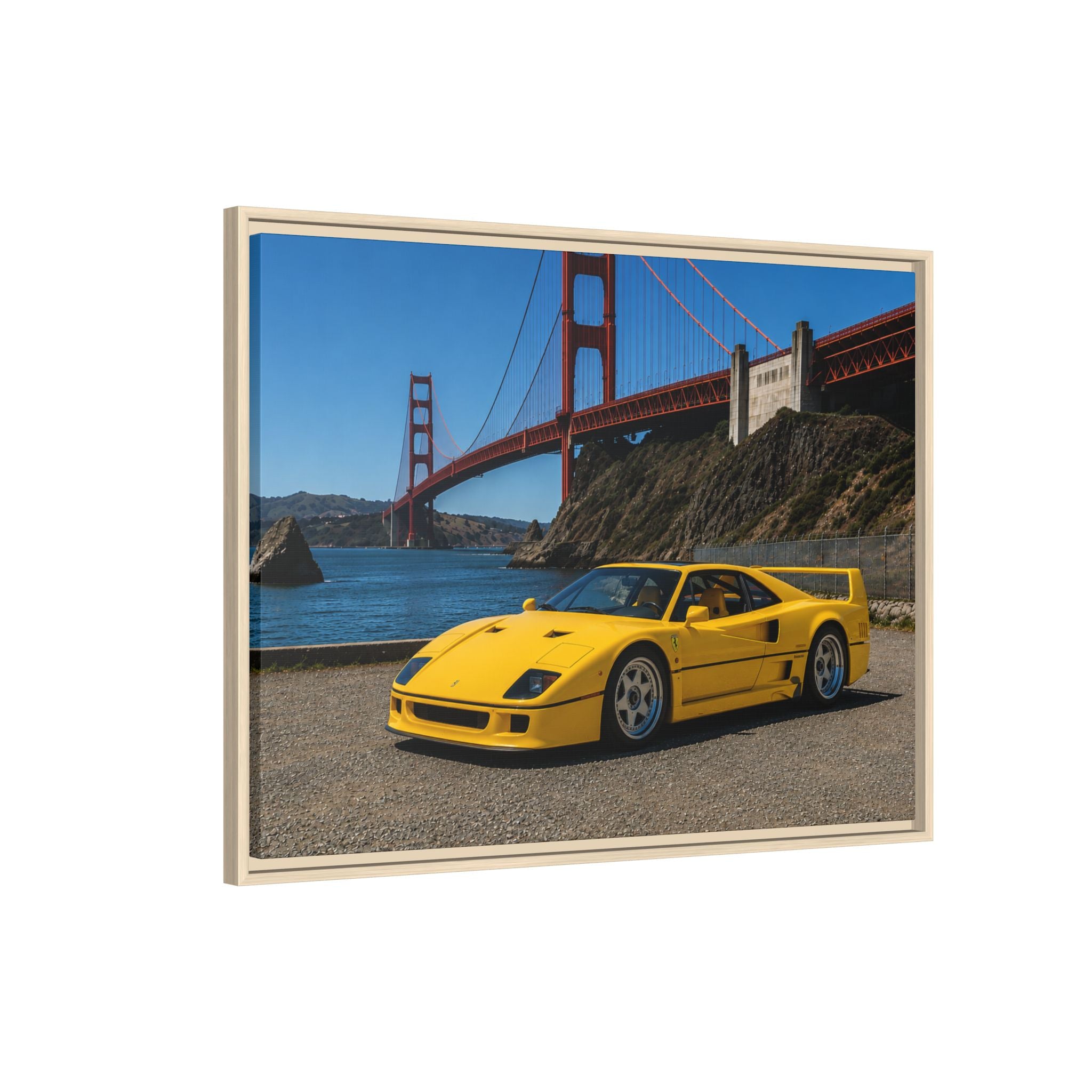 Ferrari 1987 F40 — Yellow Ferrari by the Golden Gate Bridge - Stunning Framed Canvas