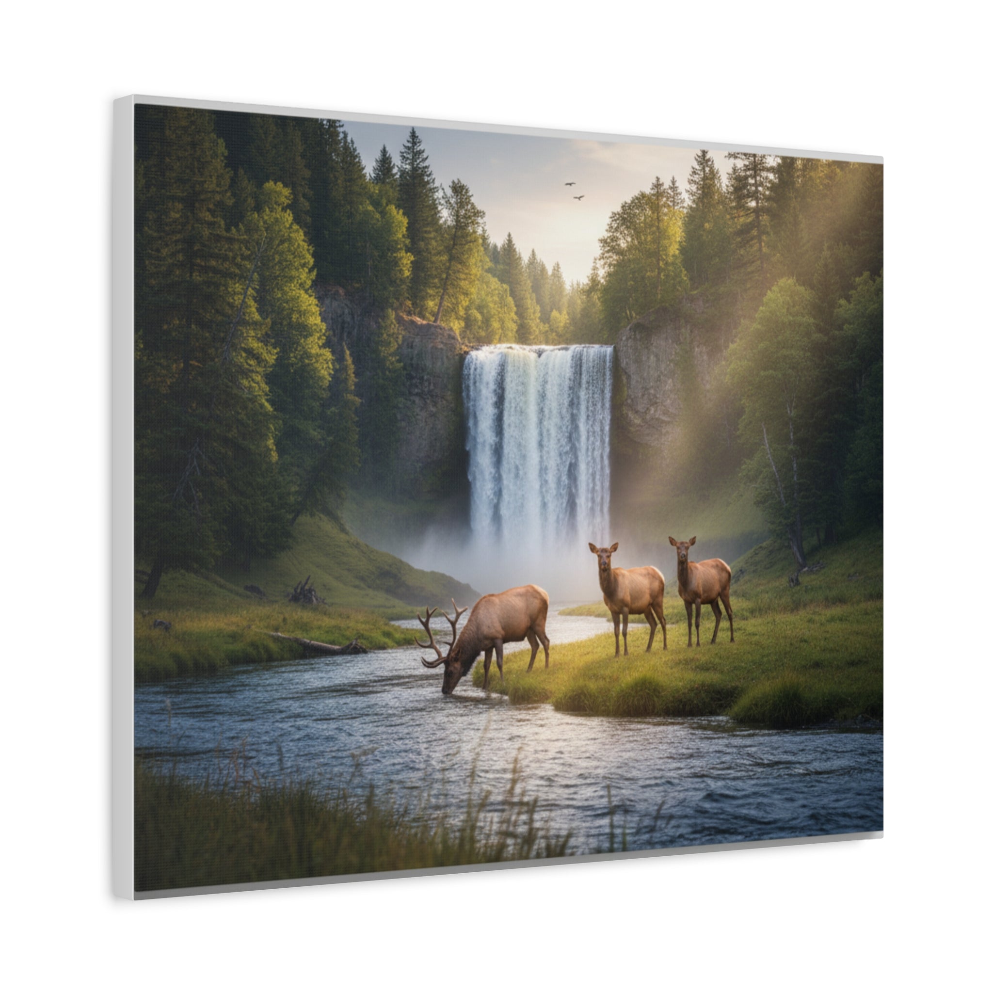 Waterfall Elk Canvas Print — Matte Stretched Wall Art