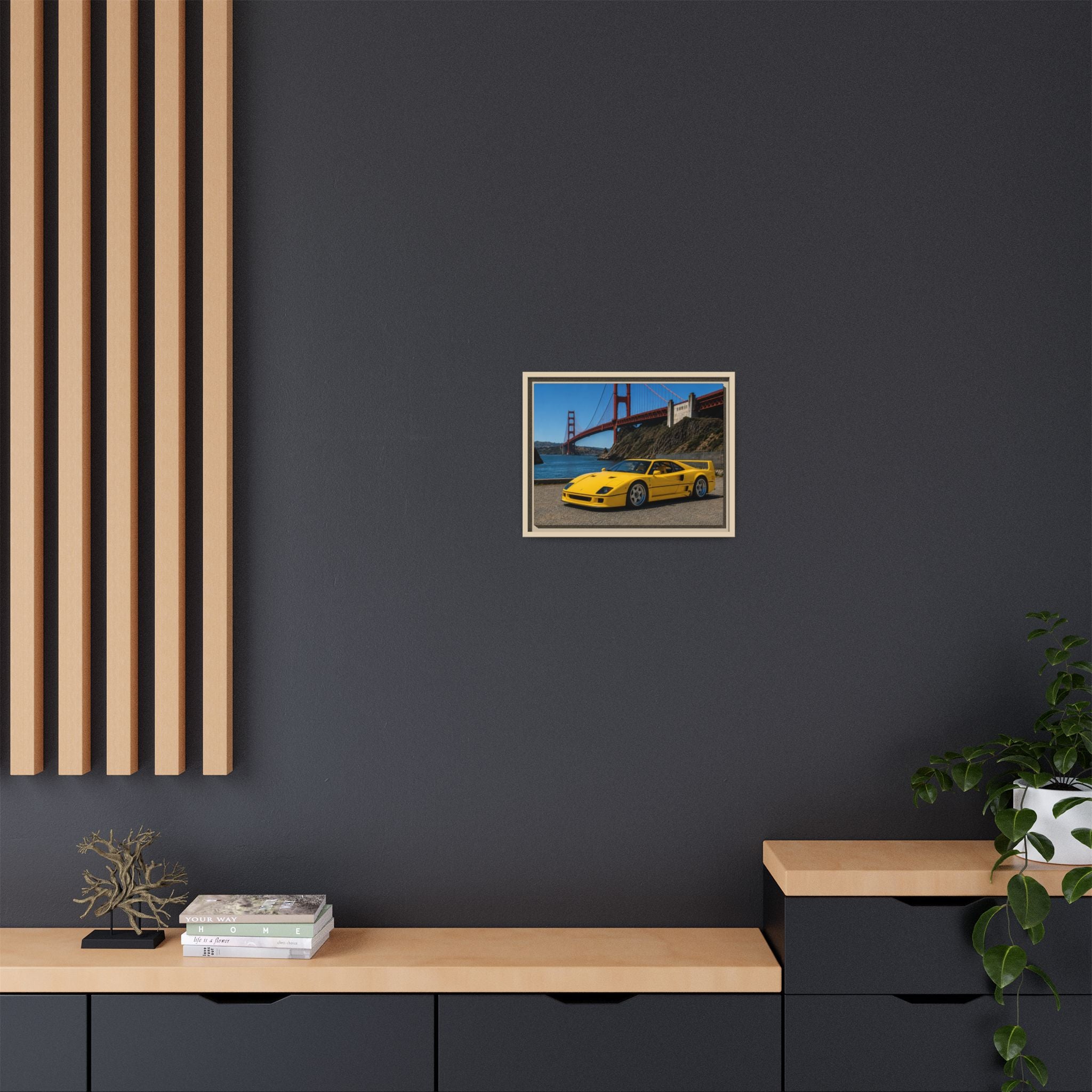 Ferrari 1987 F40 — Yellow Ferrari by the Golden Gate Bridge - Stunning Framed Canvas