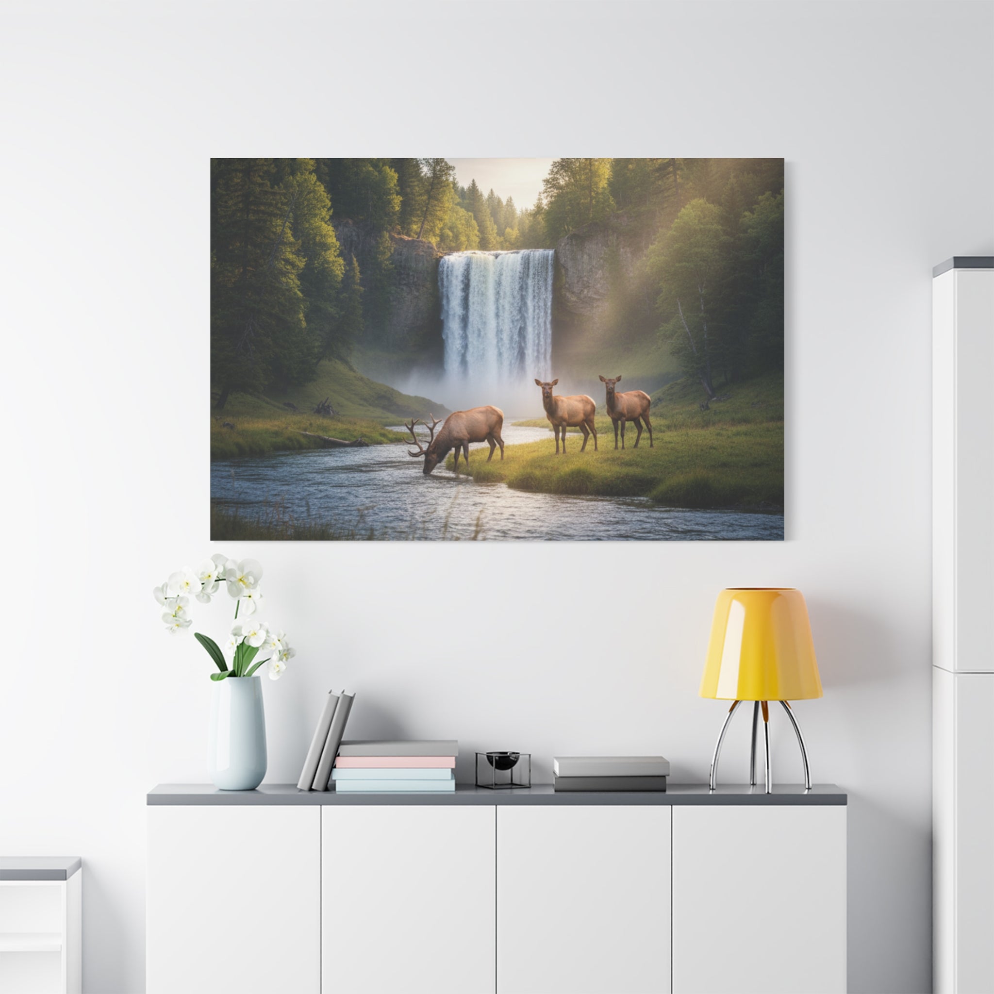 Waterfall Elk Canvas Print — Matte Stretched Wall Art