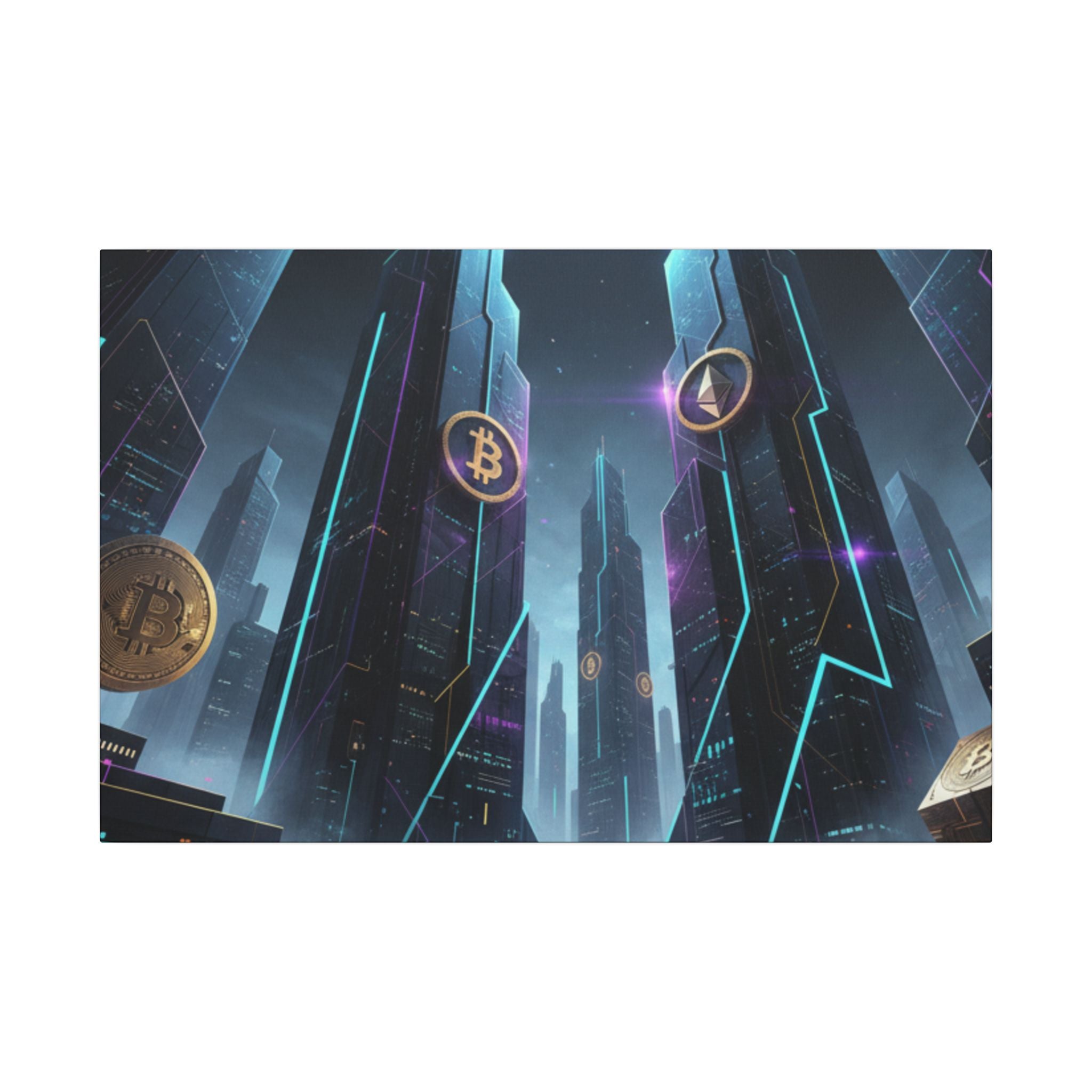 Crypto City Canvas Print — Futuristic Bitcoin & Ethereum Wall Art