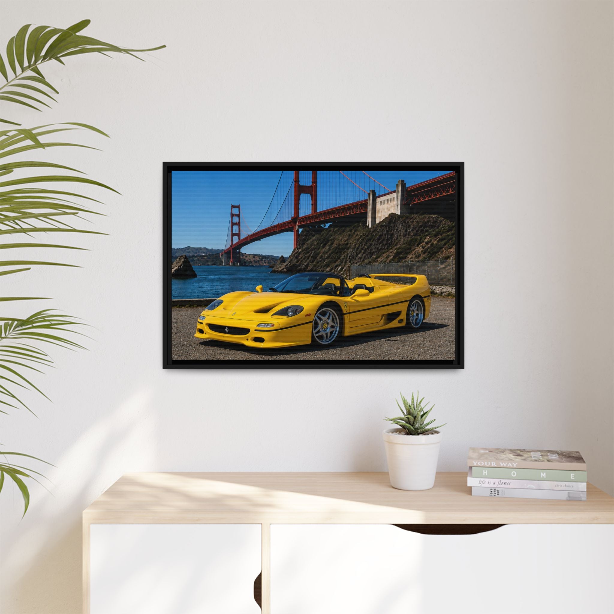 Ferrari F50 1995 Yellow — Framed Matte Canvas of Ferrari by Golden Gate Bridge