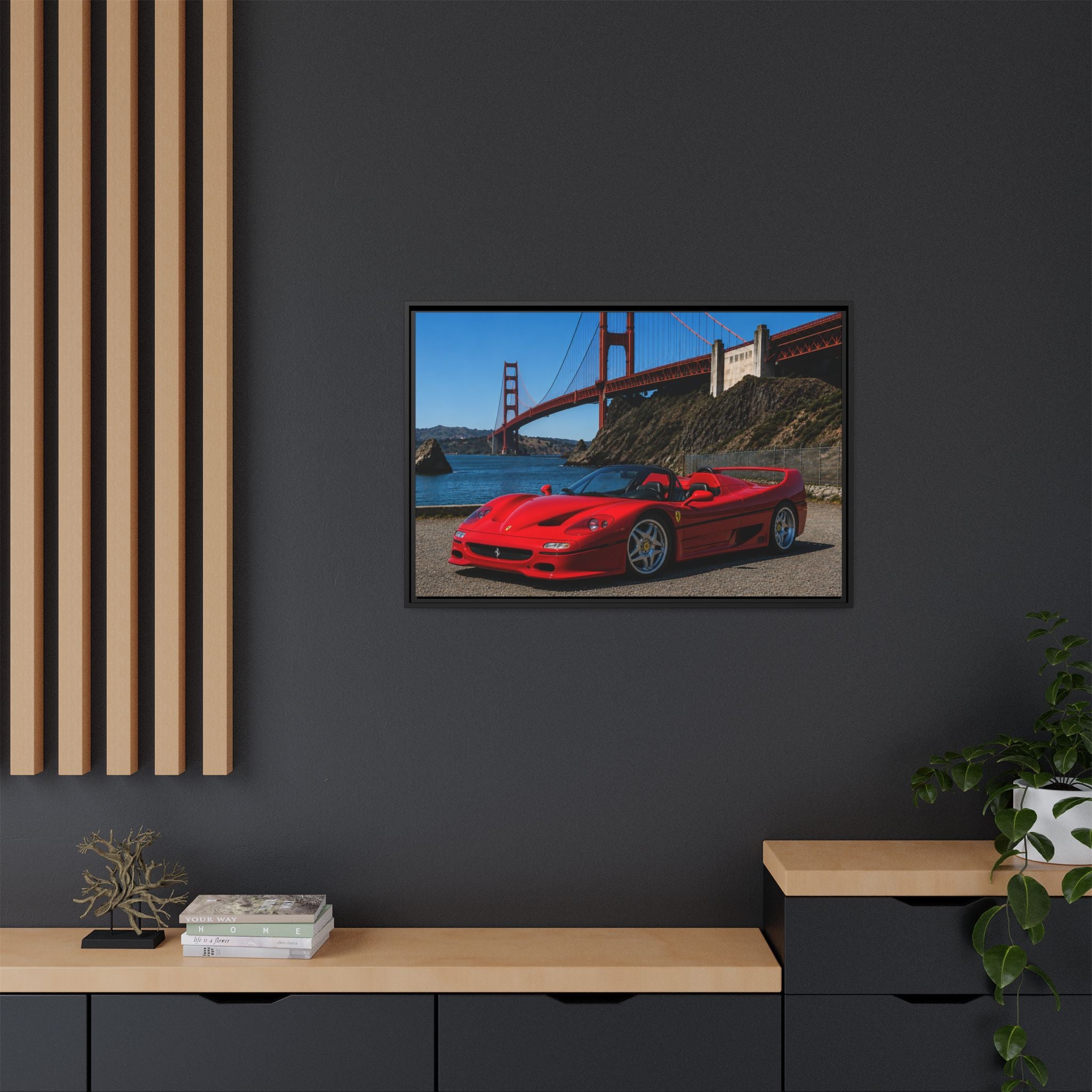 Ferrari F50 1995 Red - At Golden Gate Bridge - Stunning Framed Canvas Wall Art