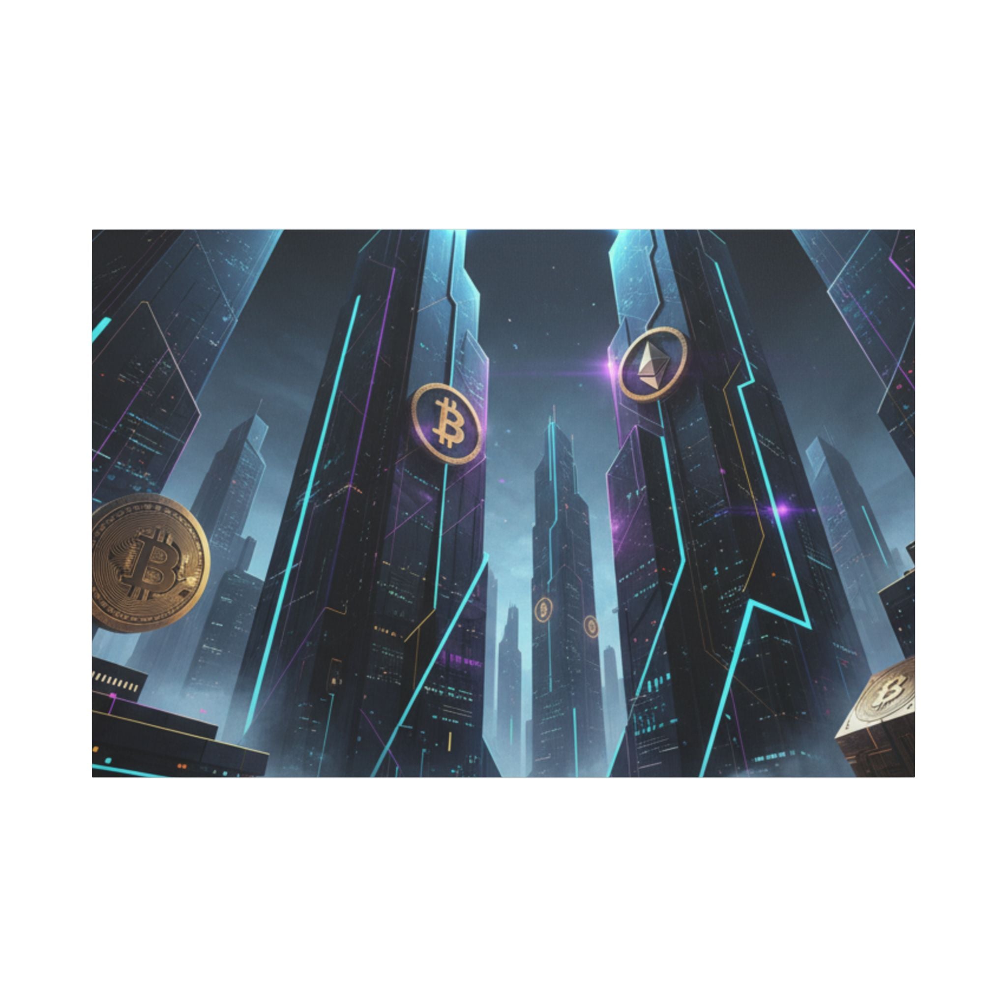 Crypto City Canvas Print — Futuristic Bitcoin & Ethereum Wall Art