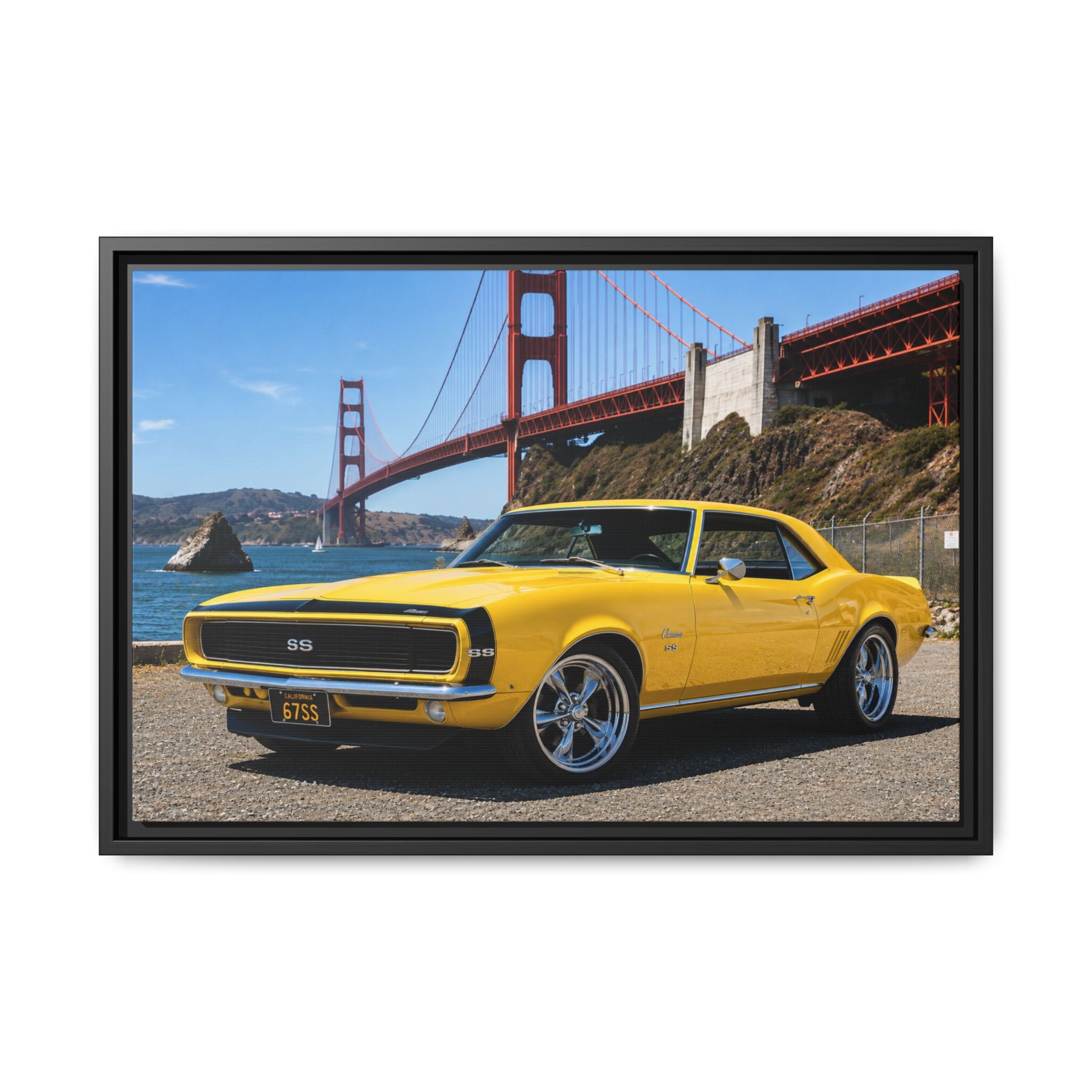 Camaro 1967 Framed Canvas – Yellow Classic "Bumble Bee" Camaro by Golden Gate Bridge