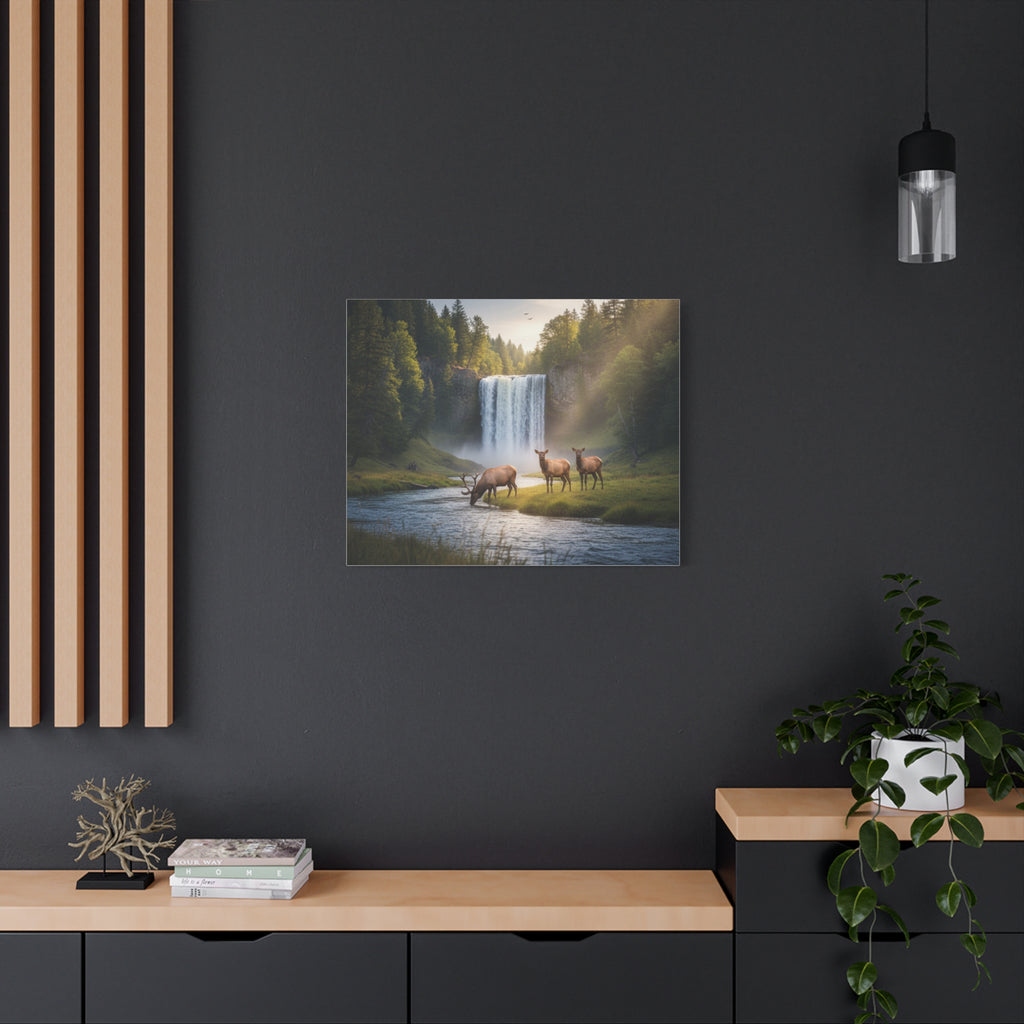 Waterfall Elk Canvas Print — Matte Stretched Wall Art