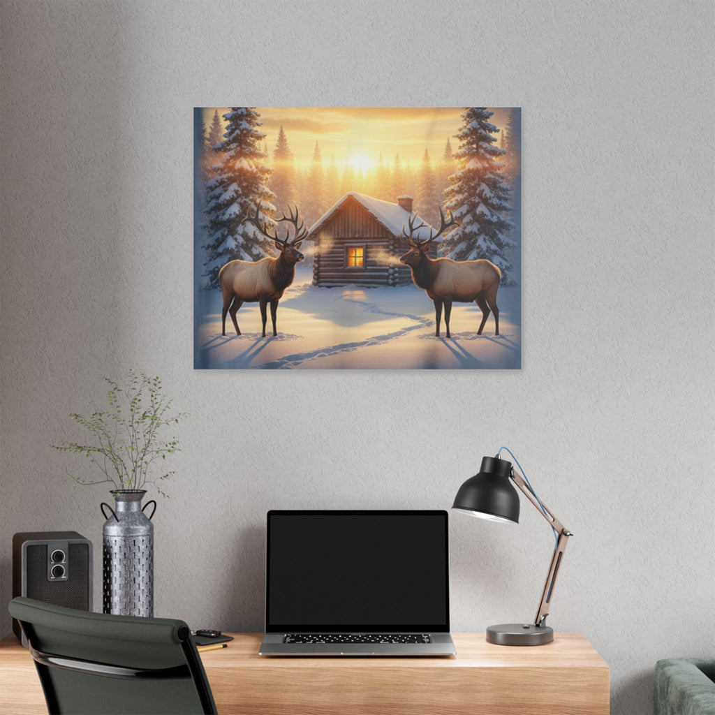 Winter Cabin Elk Canvas Wall Art – Cozy Snowy Forest Sunset Print