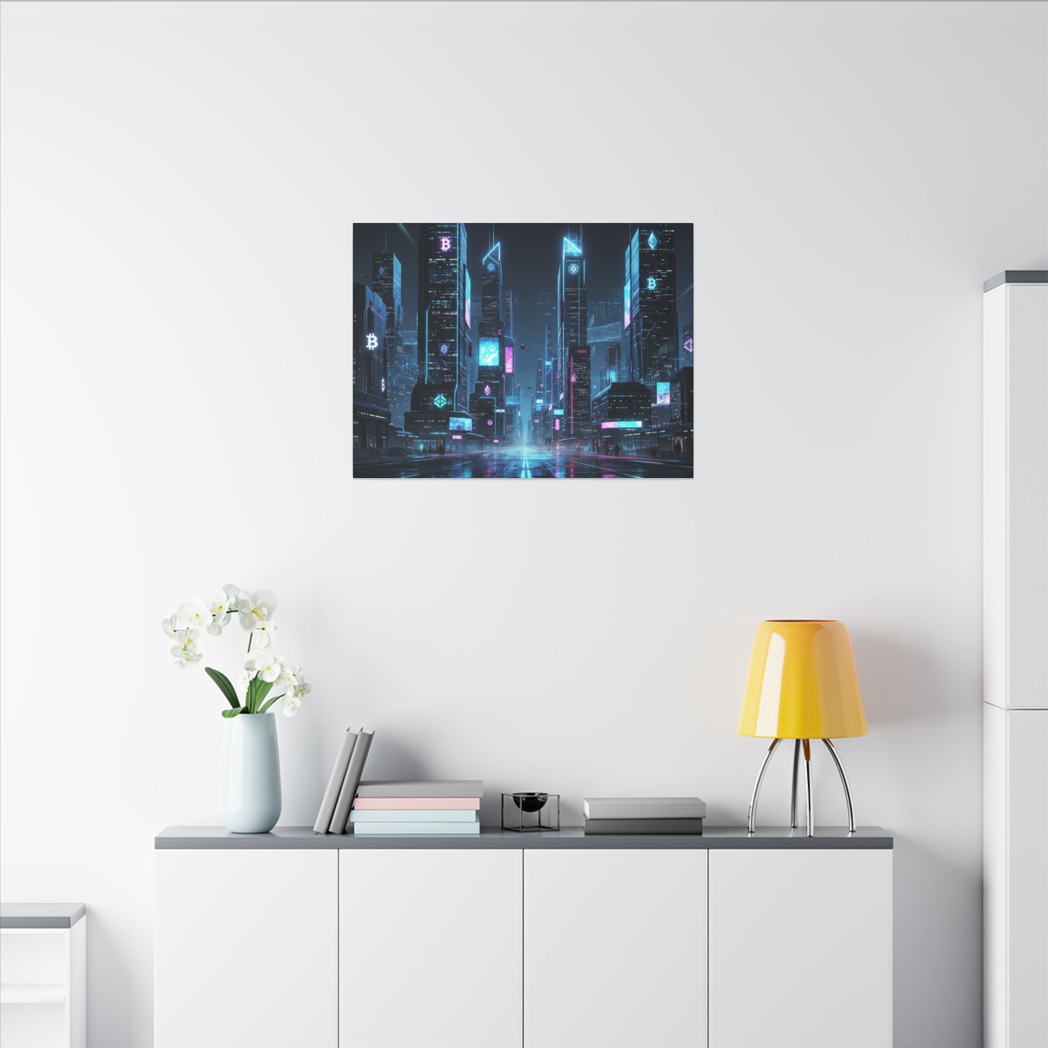 Cyberpunk Cityscape Matte Canvas Print — Neon Futuristic Skyline Wall Art
