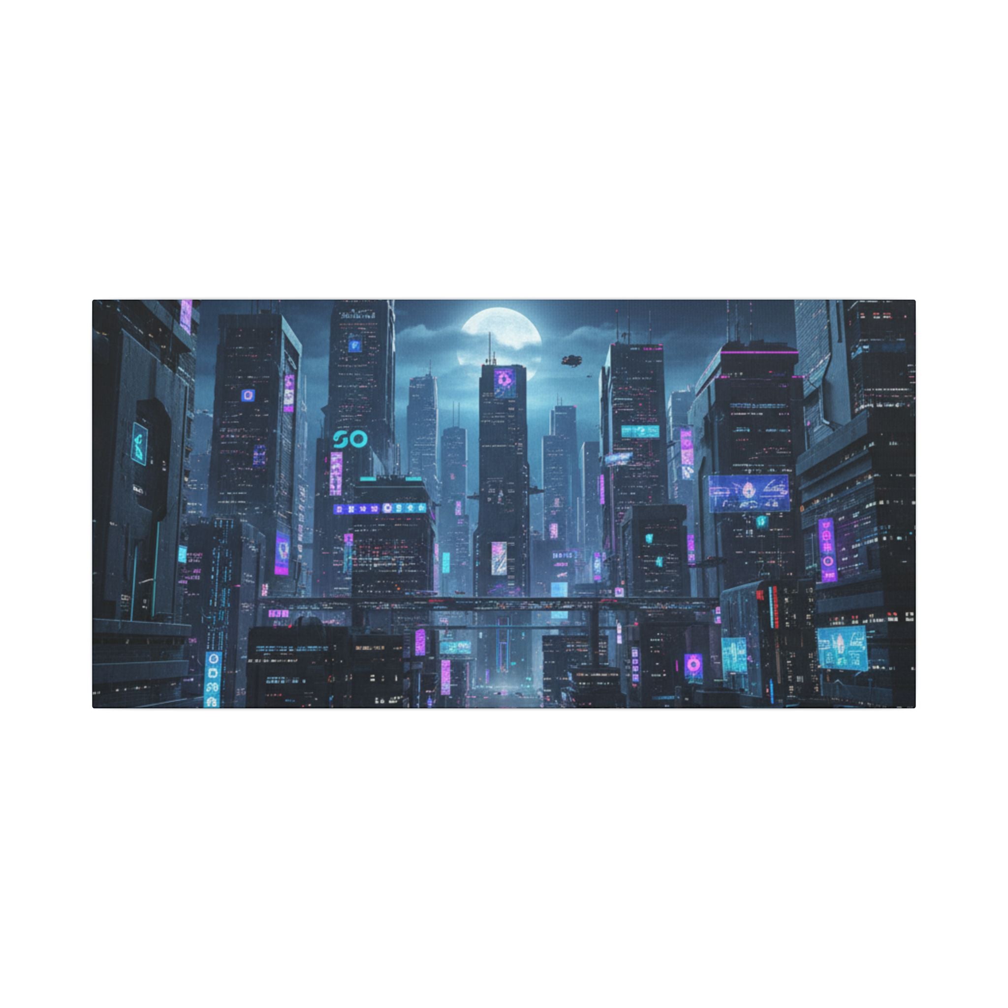 Cyberpunk Cityscape Matte Canvas Print — Neon Futuristic Wall Art