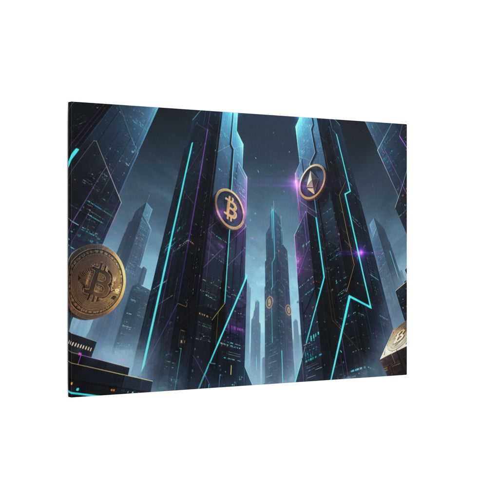 Crypto City Canvas Print — Futuristic Bitcoin & Ethereum Wall Art