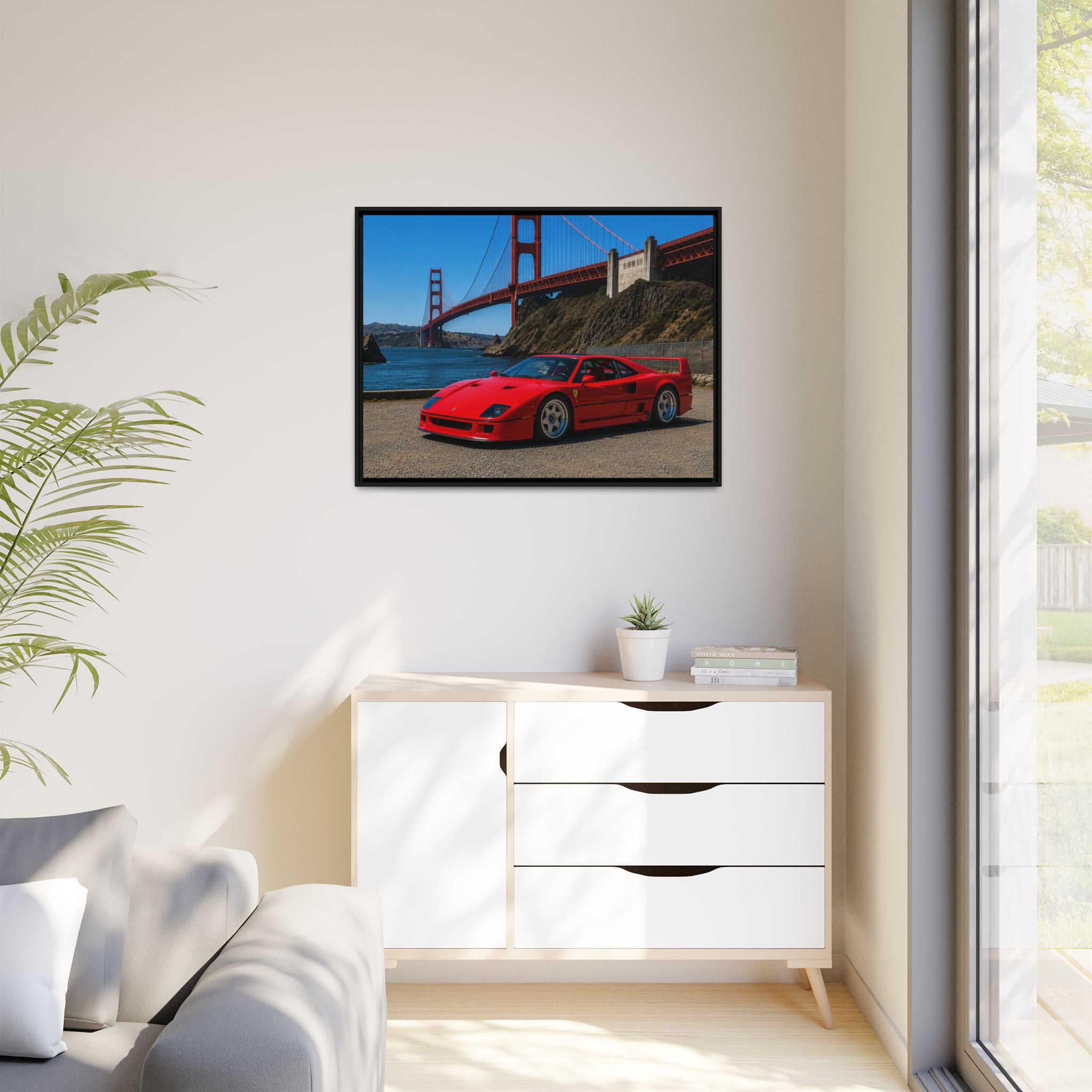 Ferrari F40 1987  — Red Sexy Sports Car by Golden Gate Bridge - Stunning Framed Canvas
