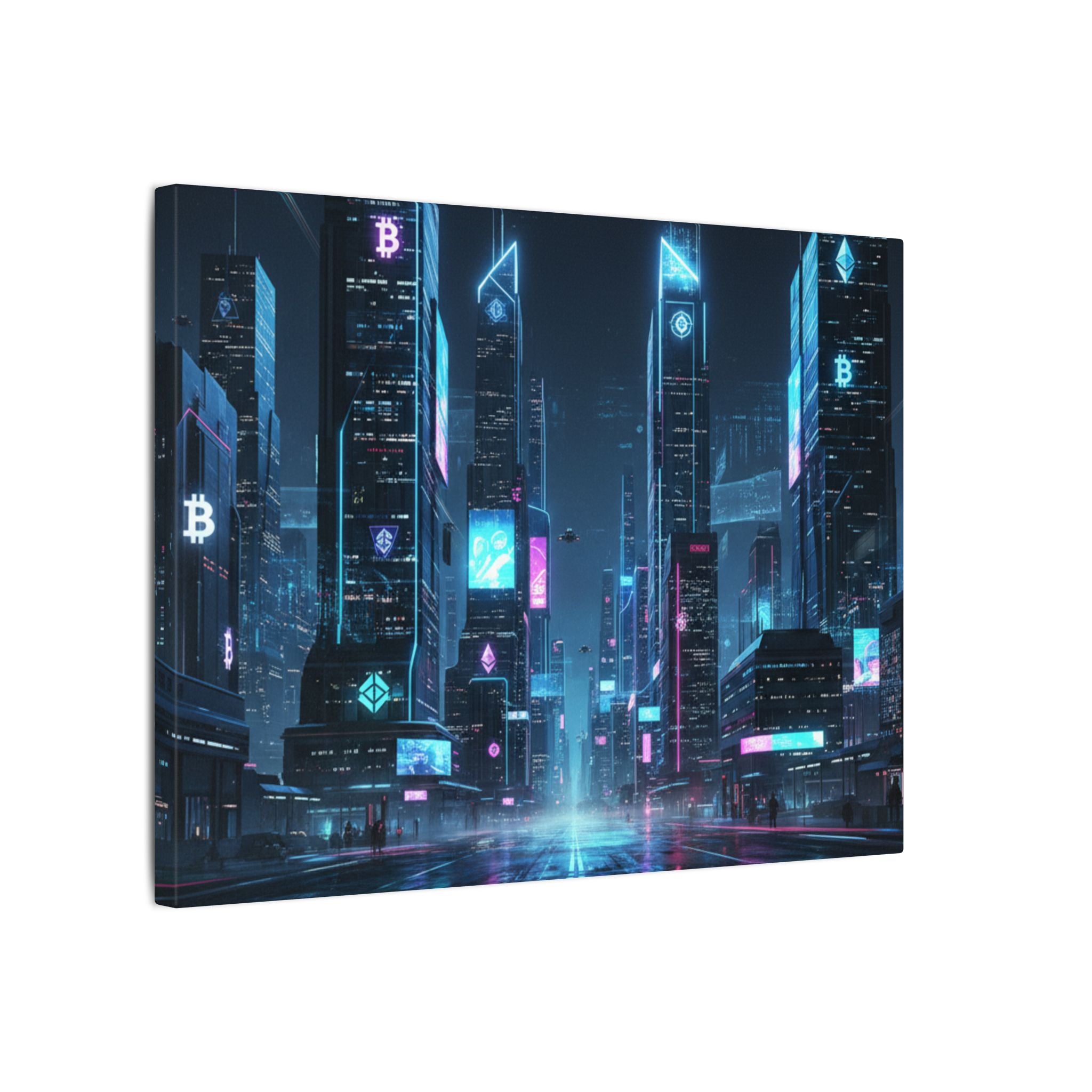 Cyberpunk Cityscape Matte Canvas Print — Neon Futuristic Skyline Wall Art