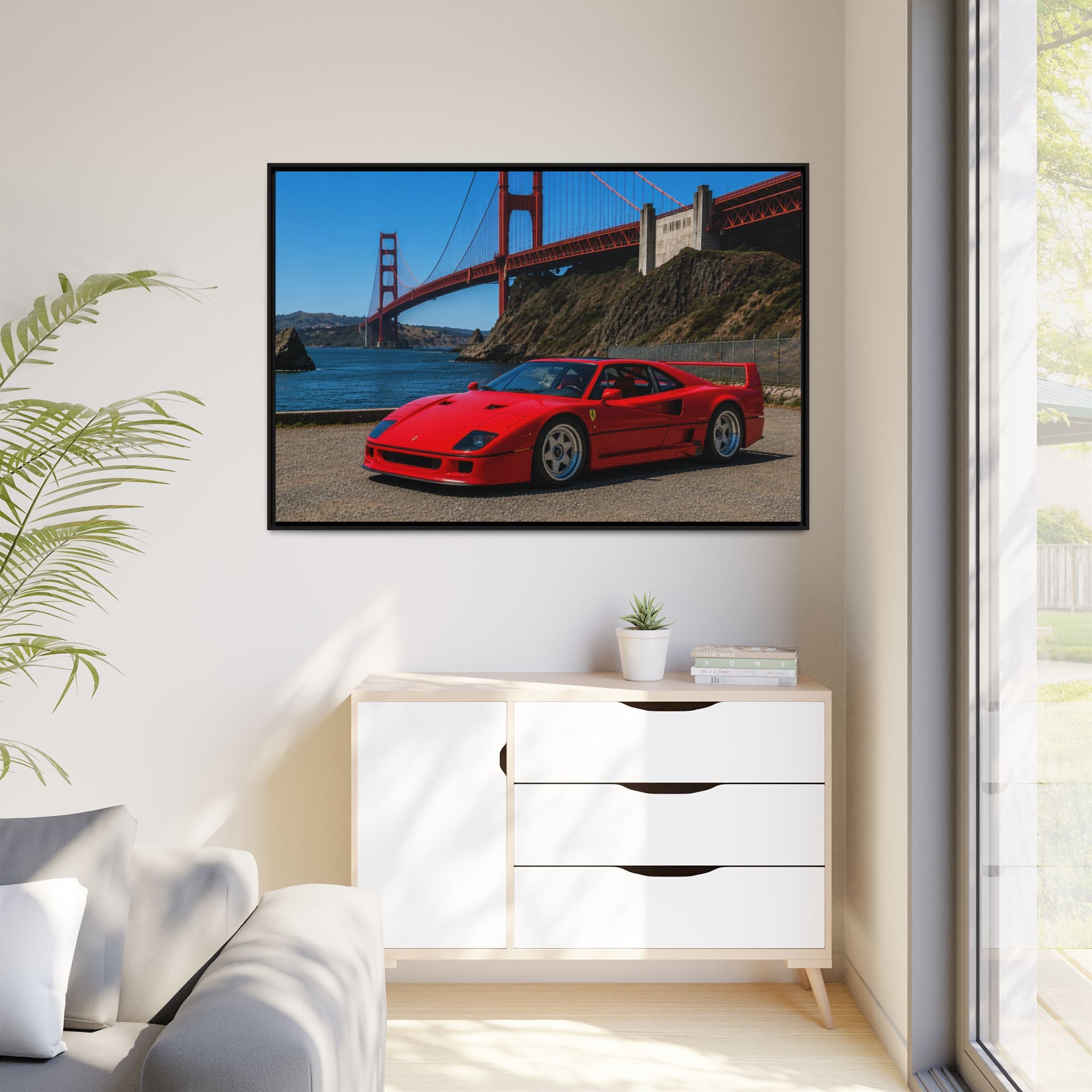 Ferrari F40 1987  — Red Sexy Sports Car by Golden Gate Bridge - Stunning Framed Canvas