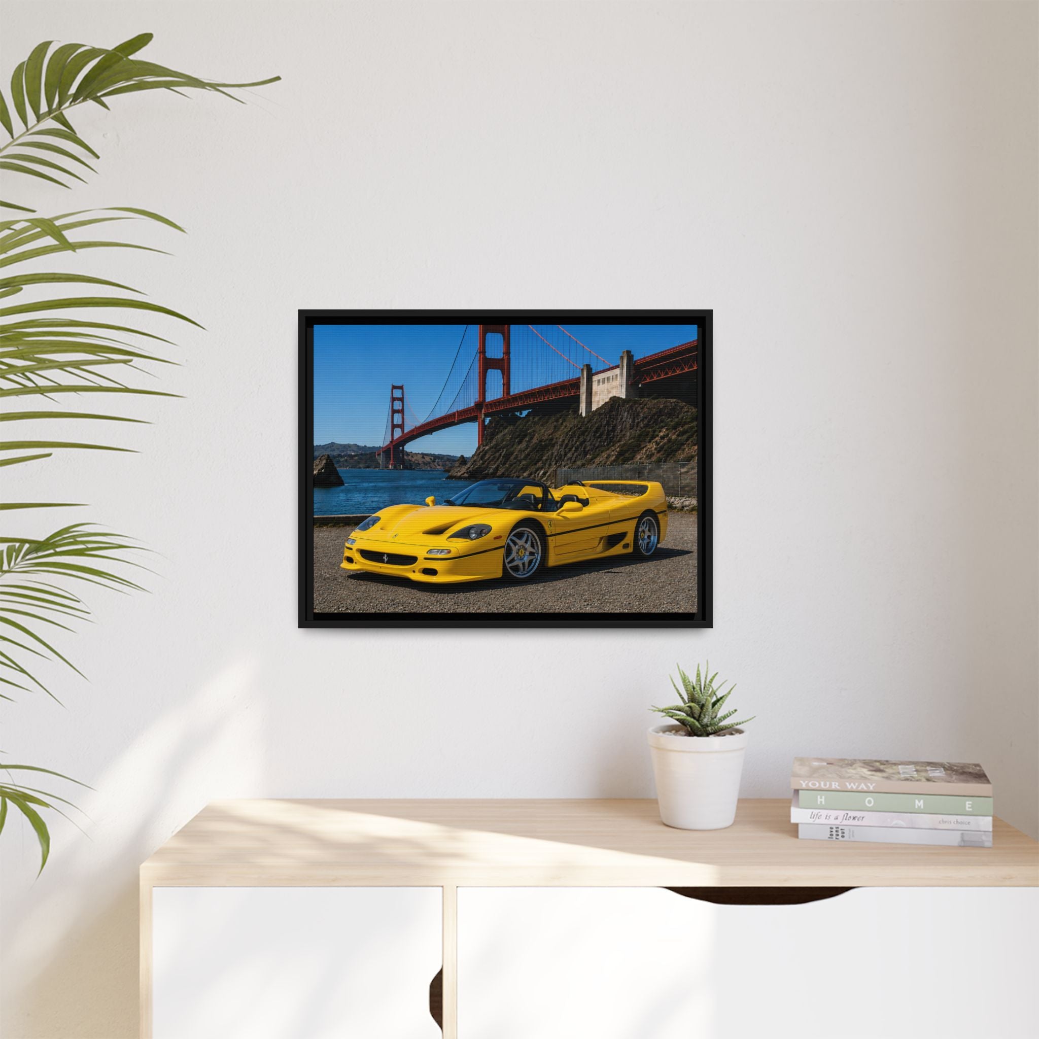 Ferrari F50 1995 Yellow — Framed Matte Canvas of Ferrari by Golden Gate Bridge