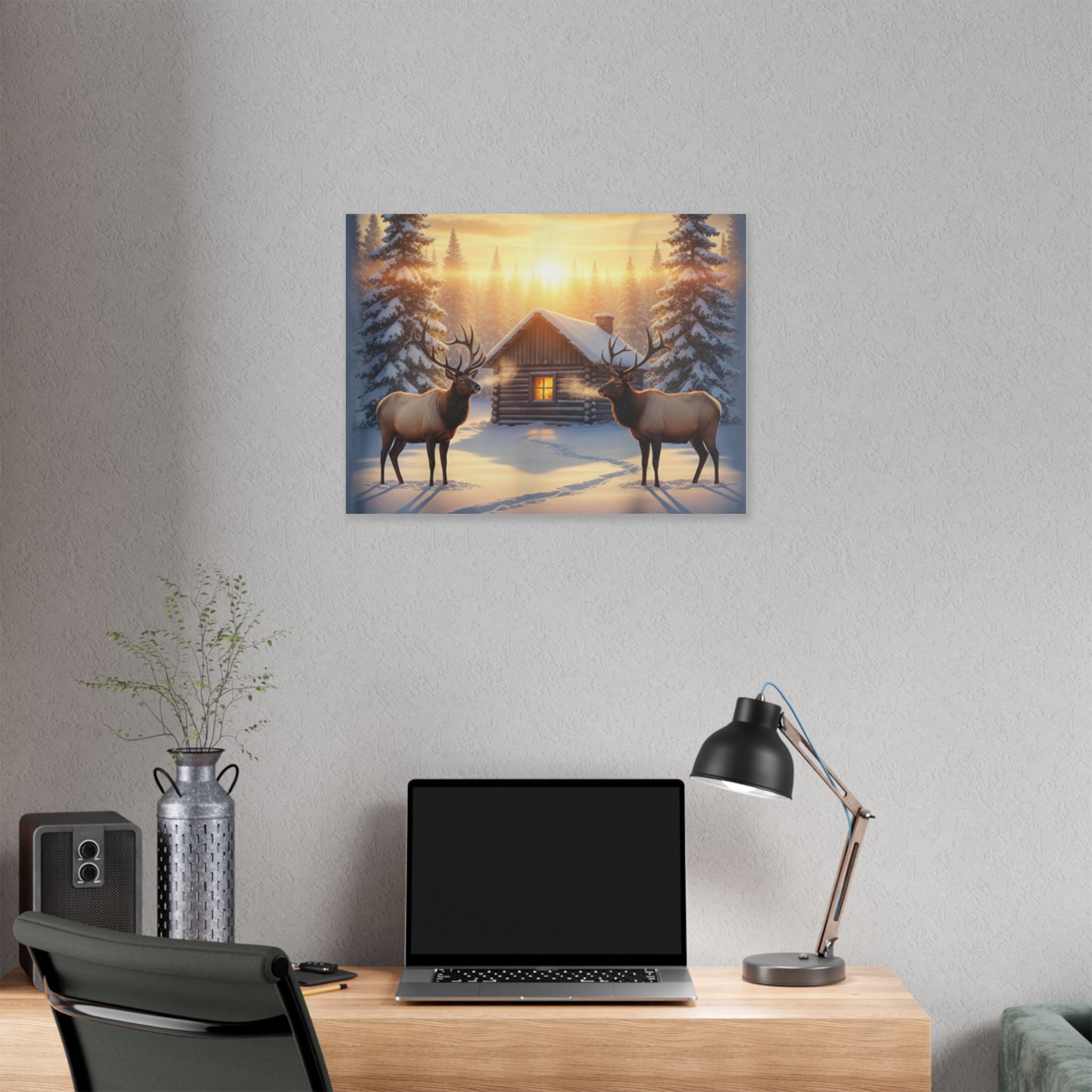 Winter Cabin Elk Canvas Wall Art – Cozy Snowy Forest Sunset Print
