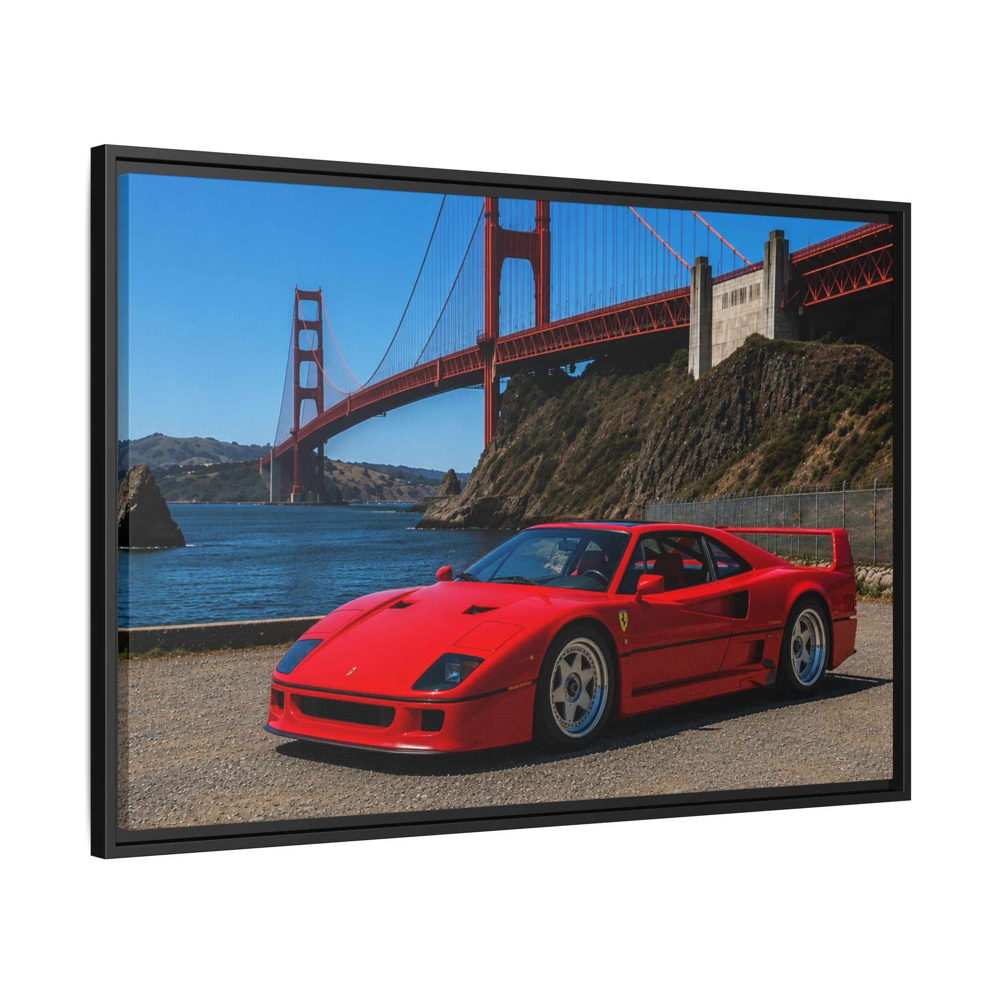 Ferrari F40 1987  — Red Sexy Sports Car by Golden Gate Bridge - Stunning Framed Canvas