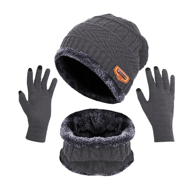 Winter Warmth And Thickening Hat Scarf Scarf Solid Color Touch Screen Gloves Three Sets Of Adults