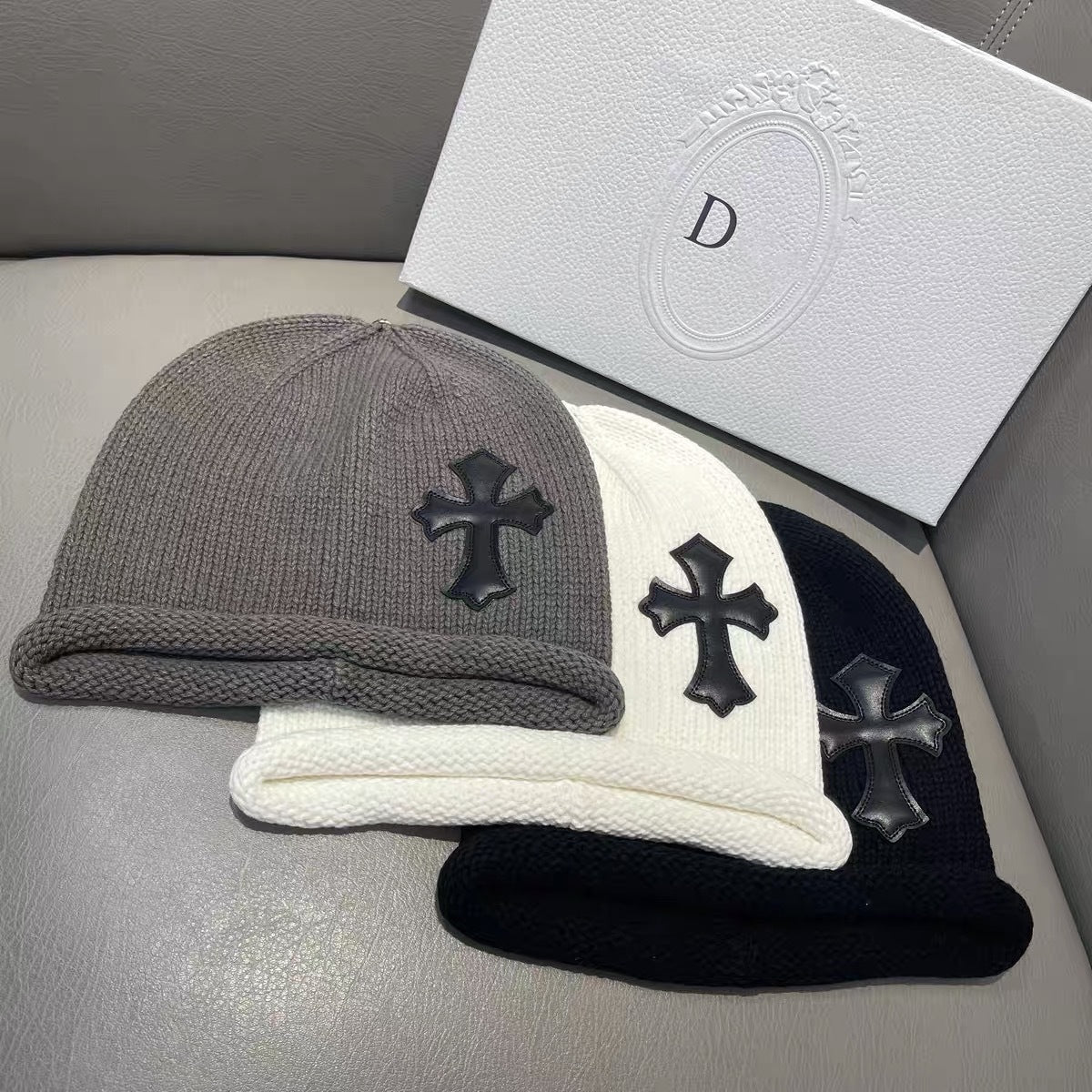 Leather Patch Edge Knit Beanie Knitted Stack Hat  Ear Protection Head Covering Cold Hat
