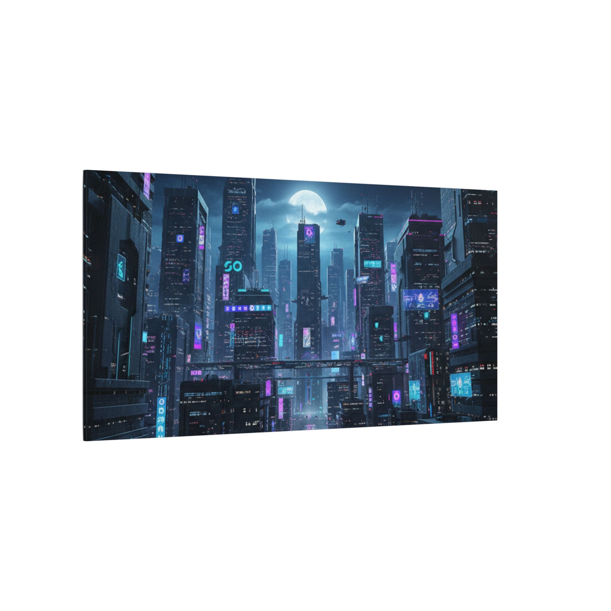Cyberpunk Cityscape Matte Canvas Print — Neon Futuristic Wall Art