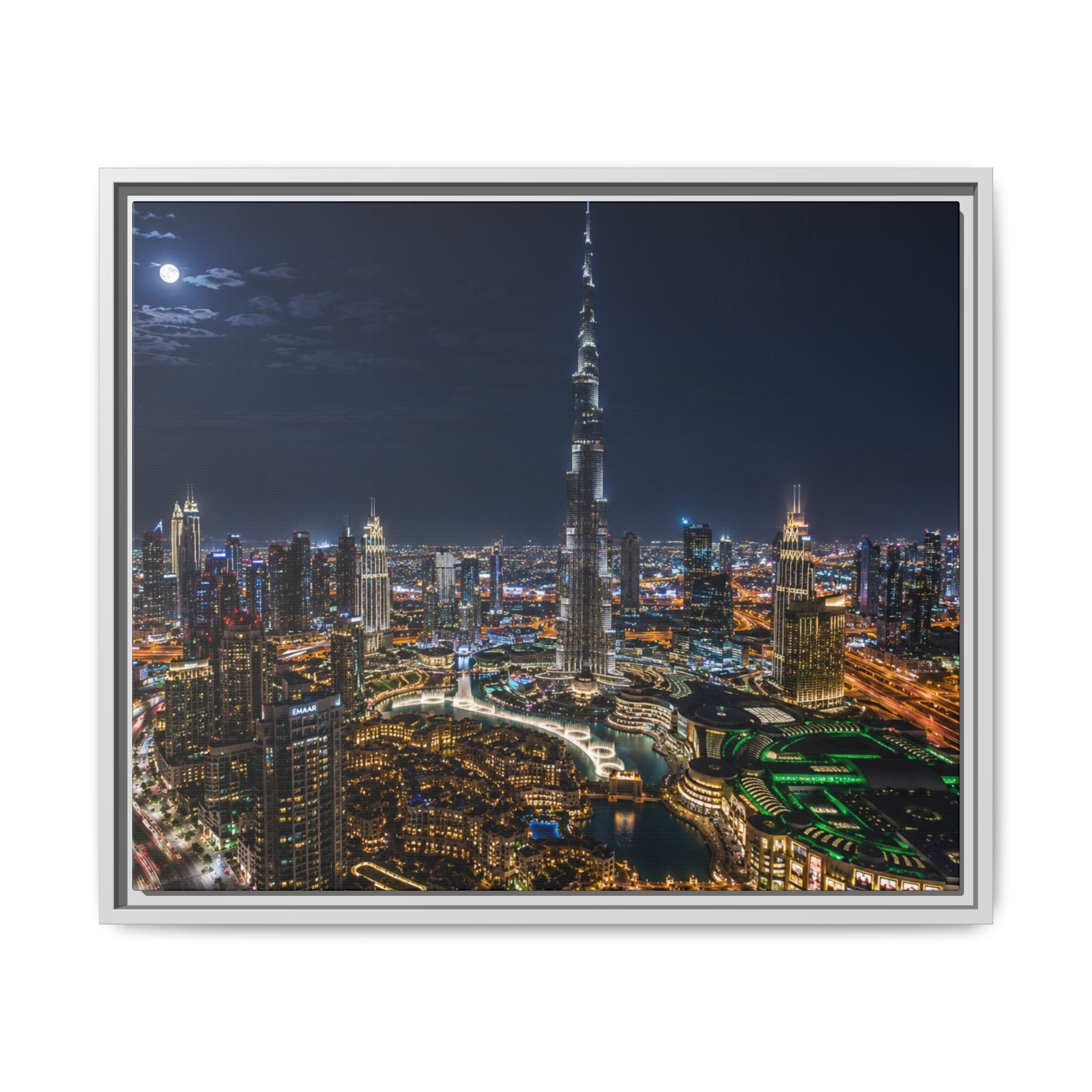 Dubai Night Skyline Matte Framed Canvas Print