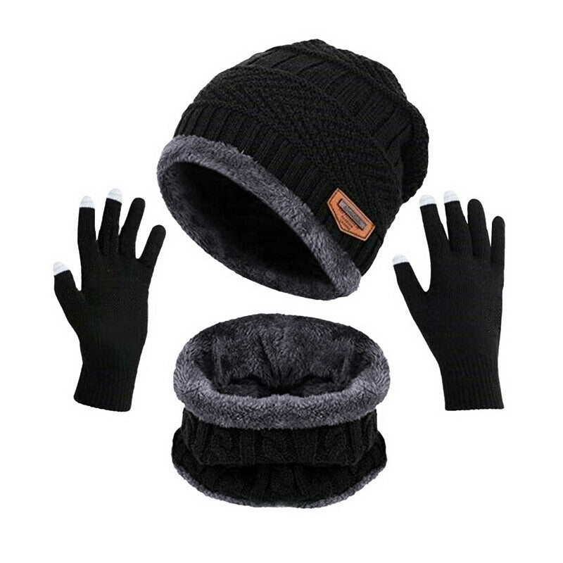 Winter Warmth And Thickening Hat Scarf Scarf Solid Color Touch Screen Gloves Three Sets Of Adults