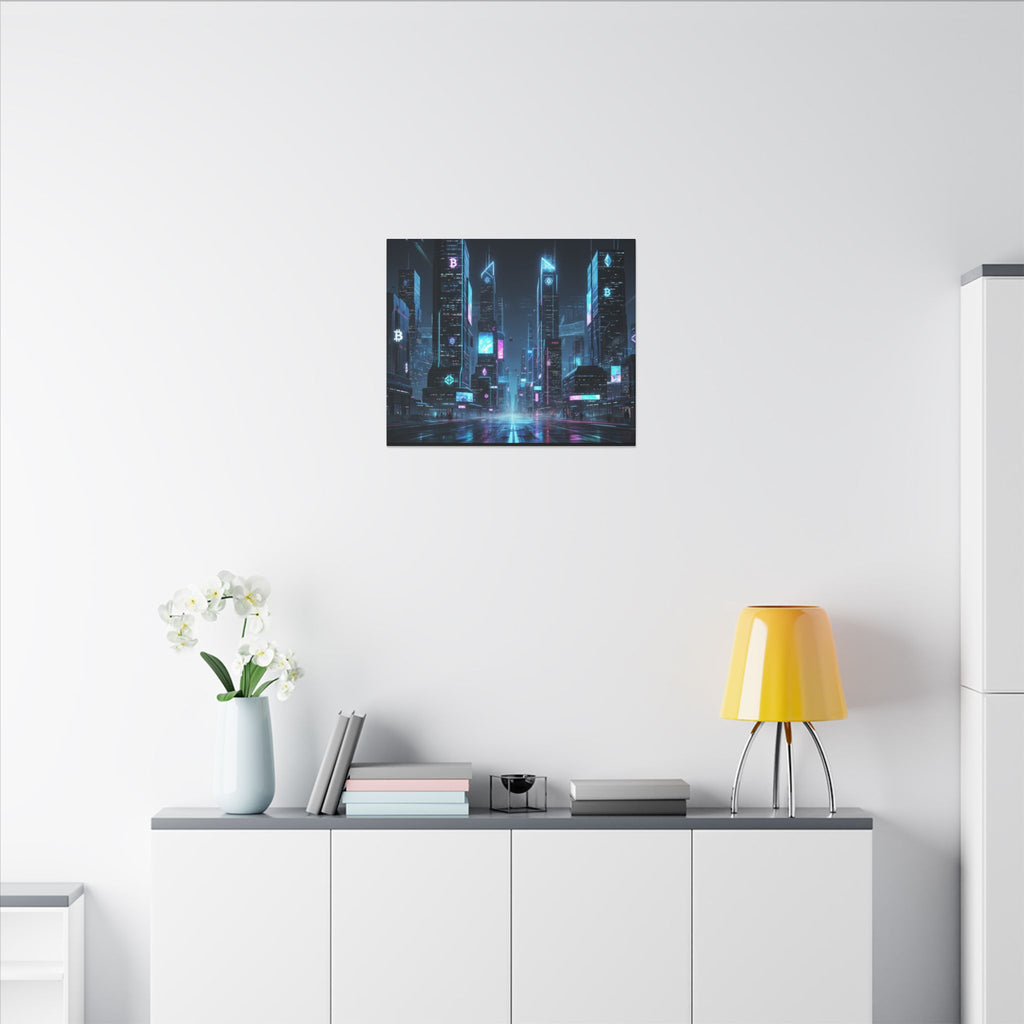 Cyberpunk Cityscape Matte Canvas Print — Neon Futuristic Skyline Wall Art