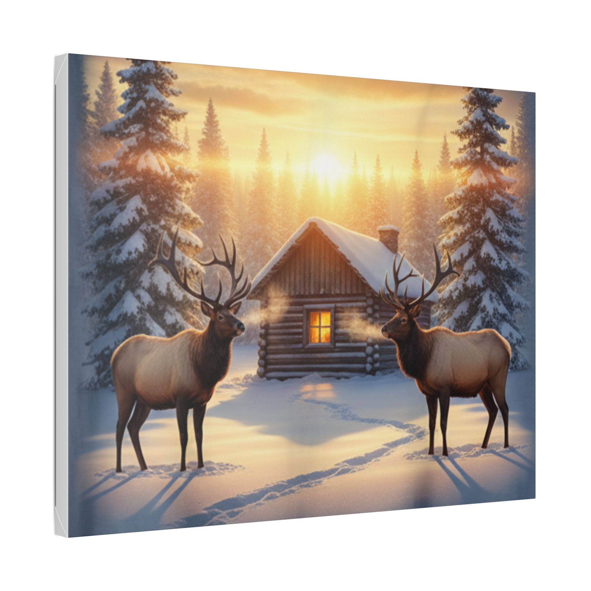 Winter Cabin Elk Canvas Wall Art – Cozy Snowy Forest Sunset Print
