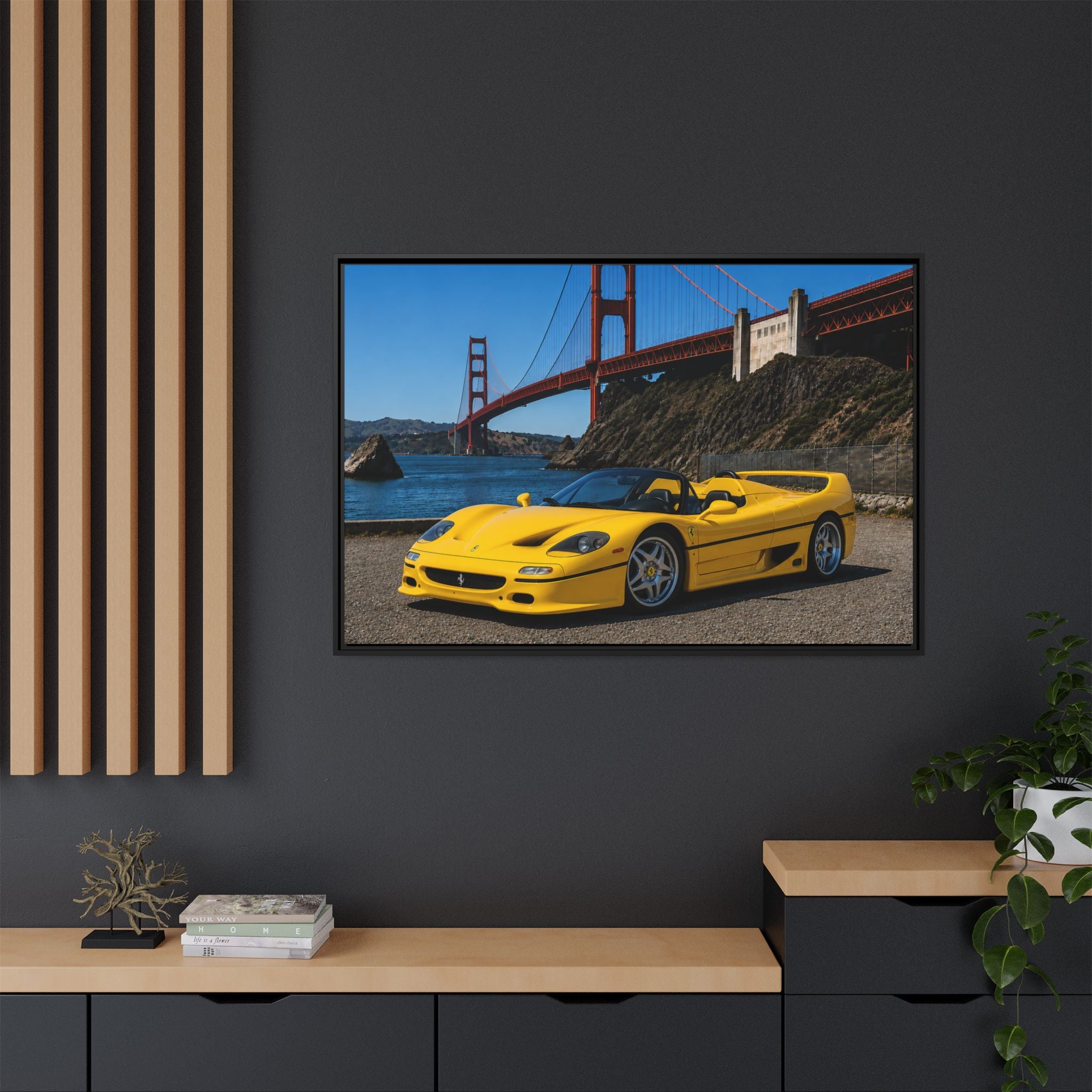 Ferrari F50 1995 Yellow — Framed Matte Canvas of Ferrari by Golden Gate Bridge