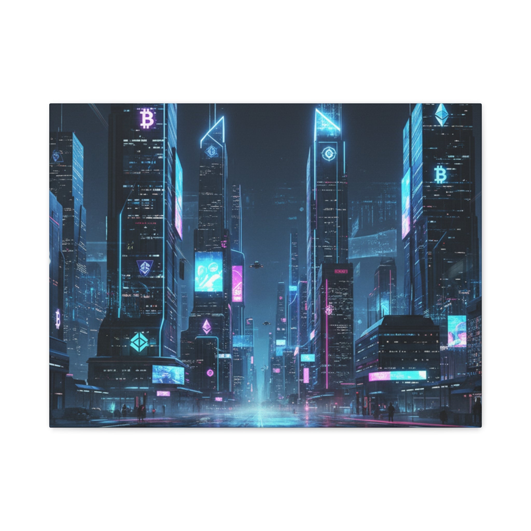 Cyberpunk Crypto Cityscape Canvas Print — Futuristic Neon Skyline Wall Art