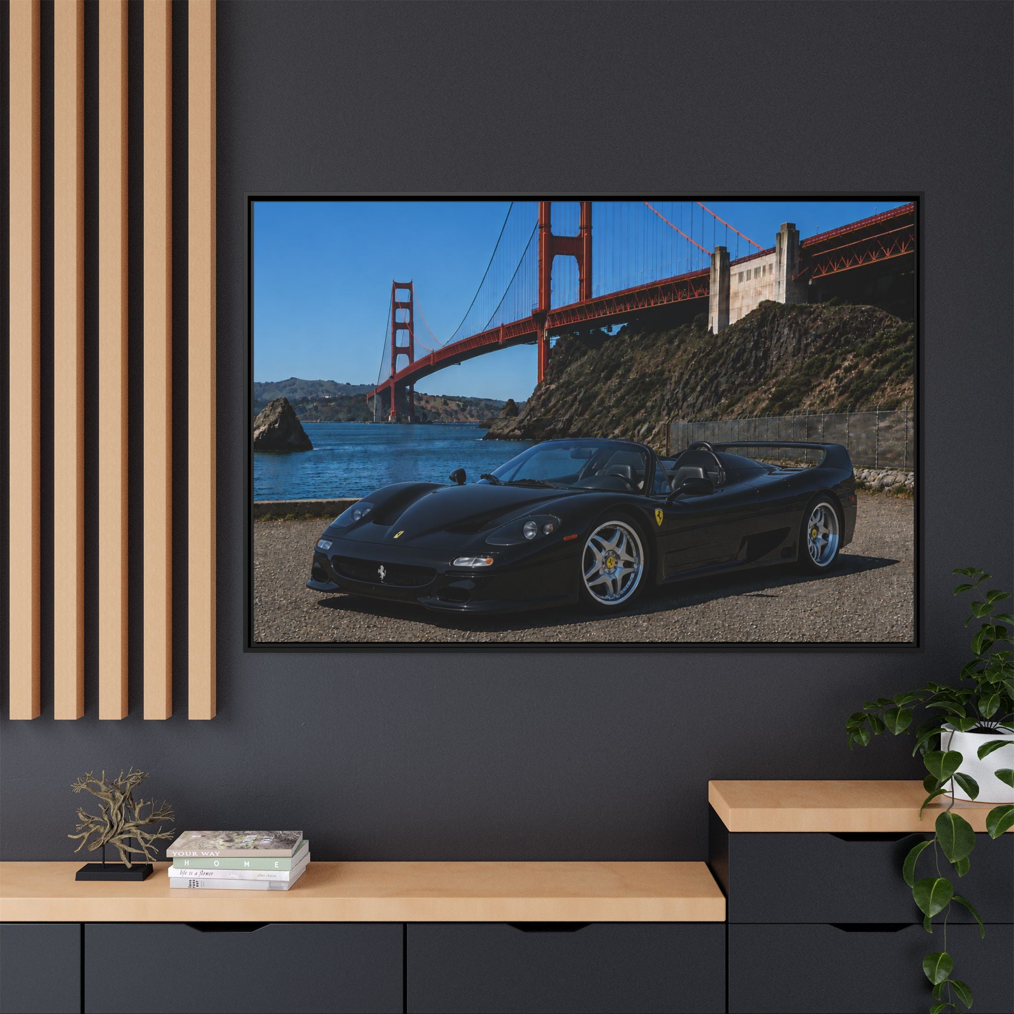 Ferrari F50 1995 — By The Golden Gate Bridge - Framed Canvas Matte Print