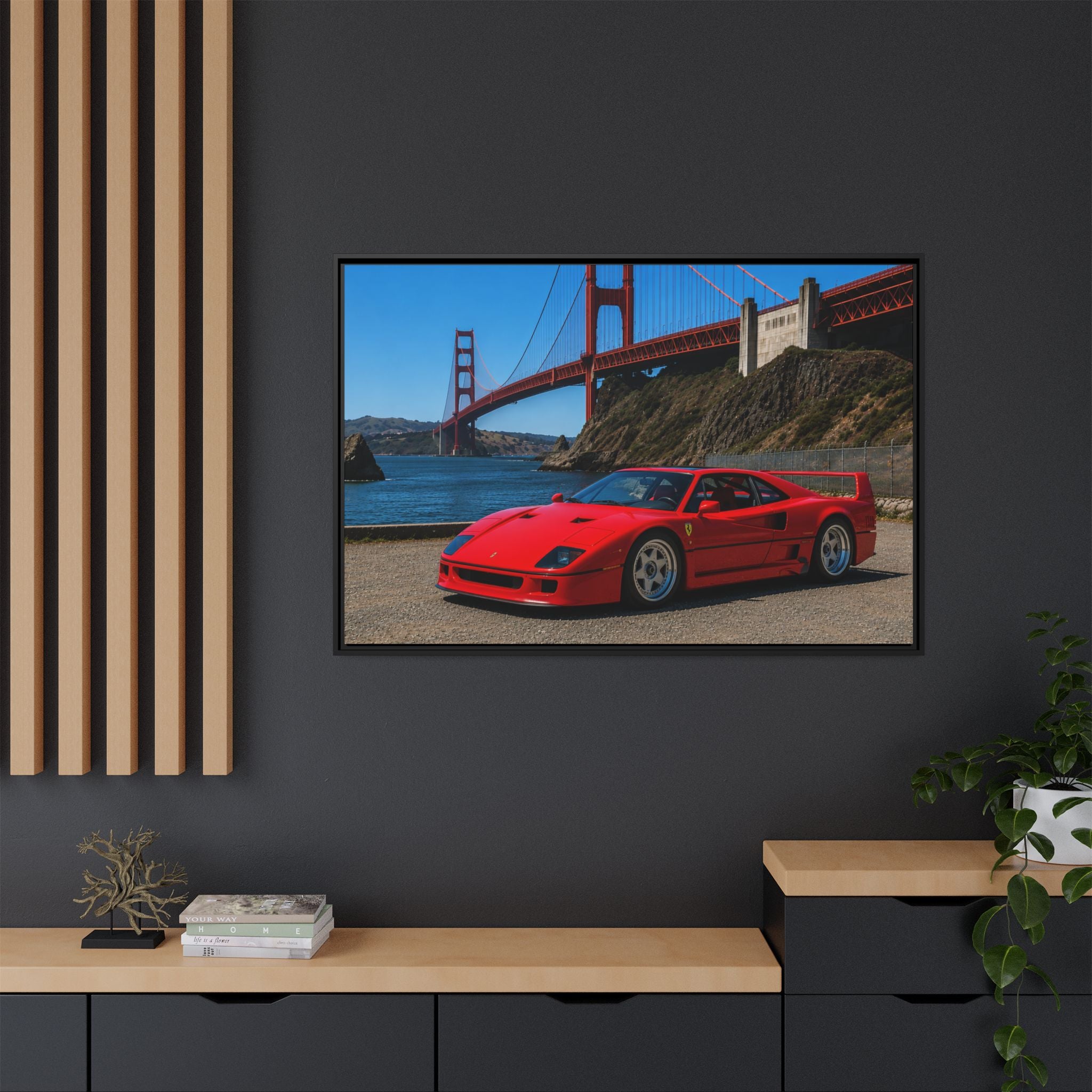 Ferrari F40 1987  — Red Sexy Sports Car by Golden Gate Bridge - Stunning Framed Canvas