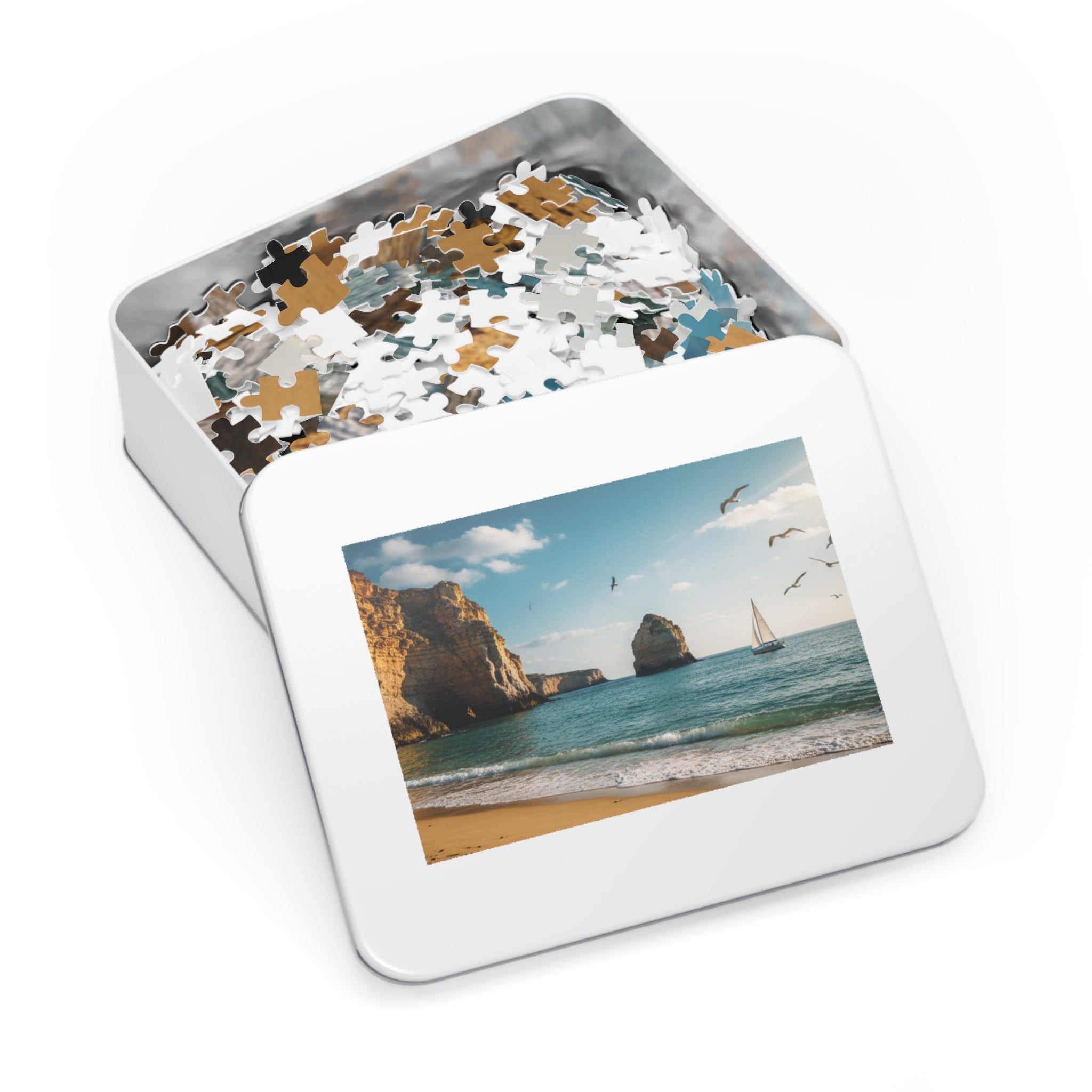 Beach Scene Jigsaw Puzzle (with Tin) — Seaside Sailboat 500-Pc Puzzle Gift