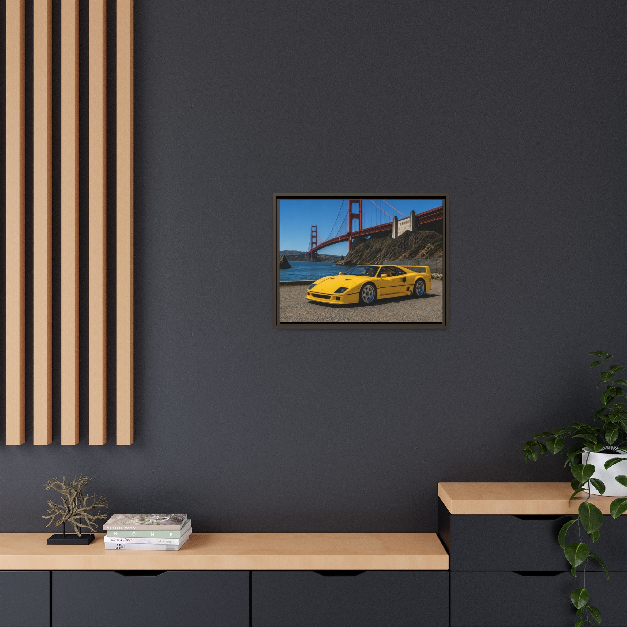 Ferrari 1987 F40 — Yellow Ferrari by the Golden Gate Bridge - Stunning Framed Canvas