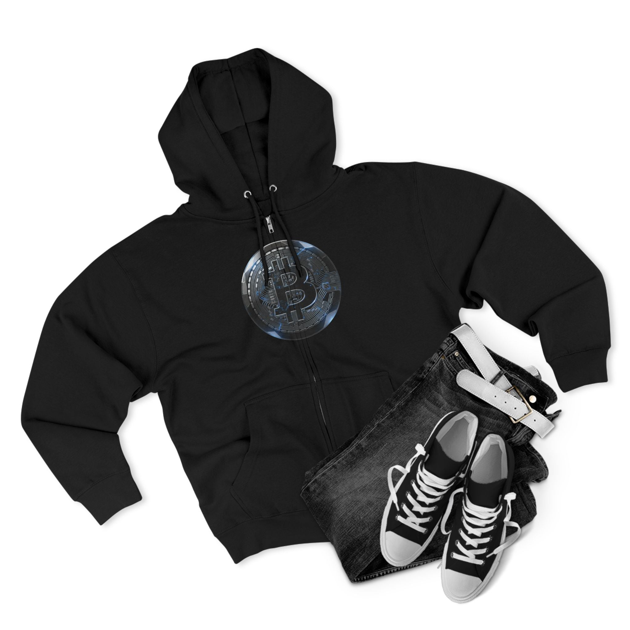 Bitcoin Coin Zip Hoodie — Crypto Logo Zip-Up Hoodie for Bitcoin Enthusiasts