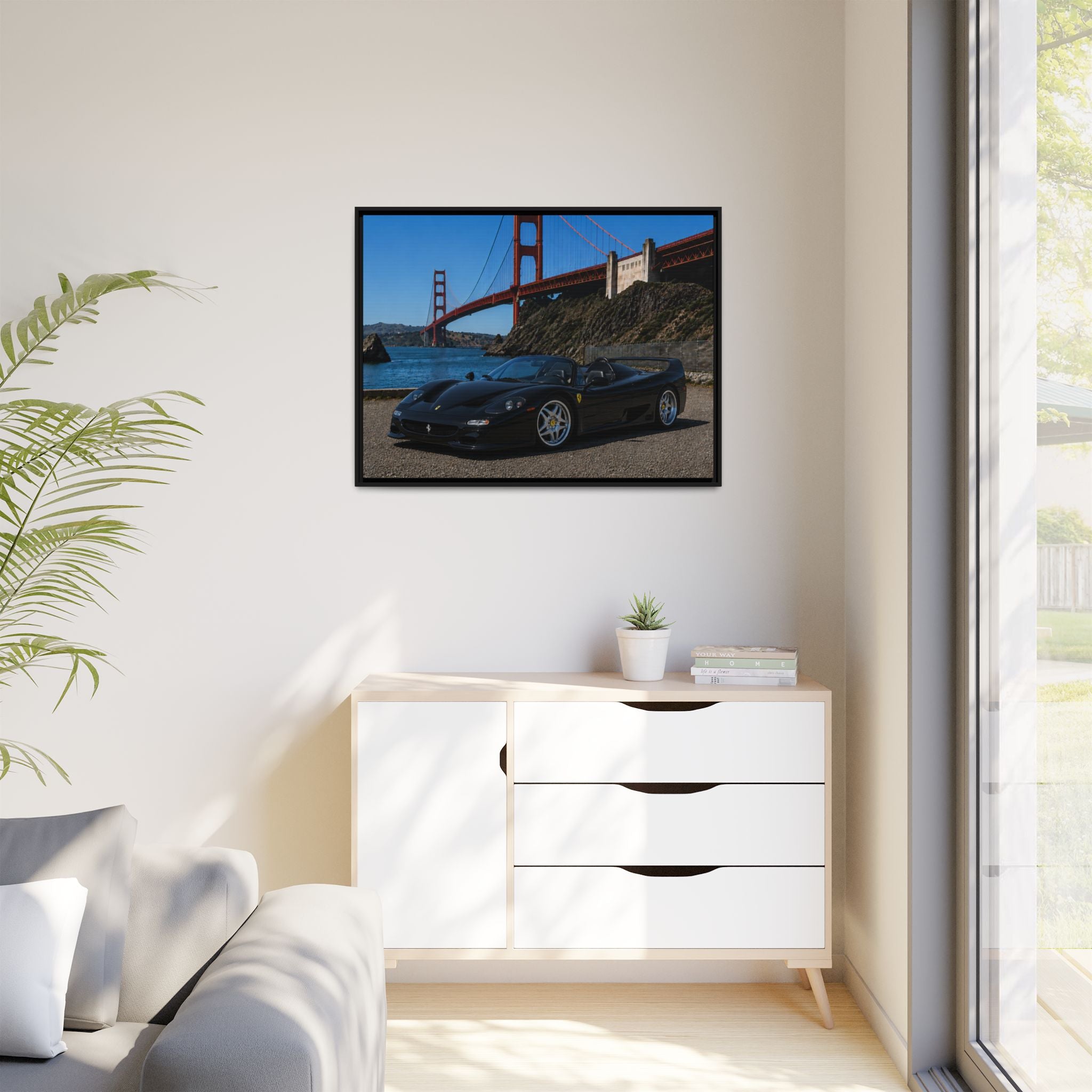 Ferrari F50 1995 — By The Golden Gate Bridge - Framed Canvas Matte Print