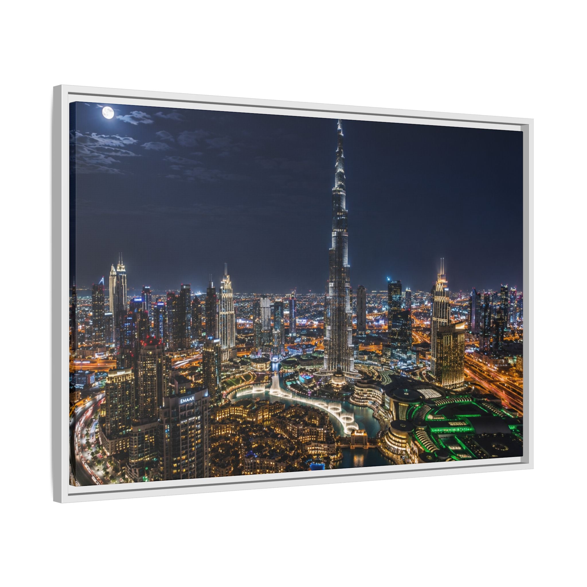 Dubai Night Skyline Matte Framed Canvas Print