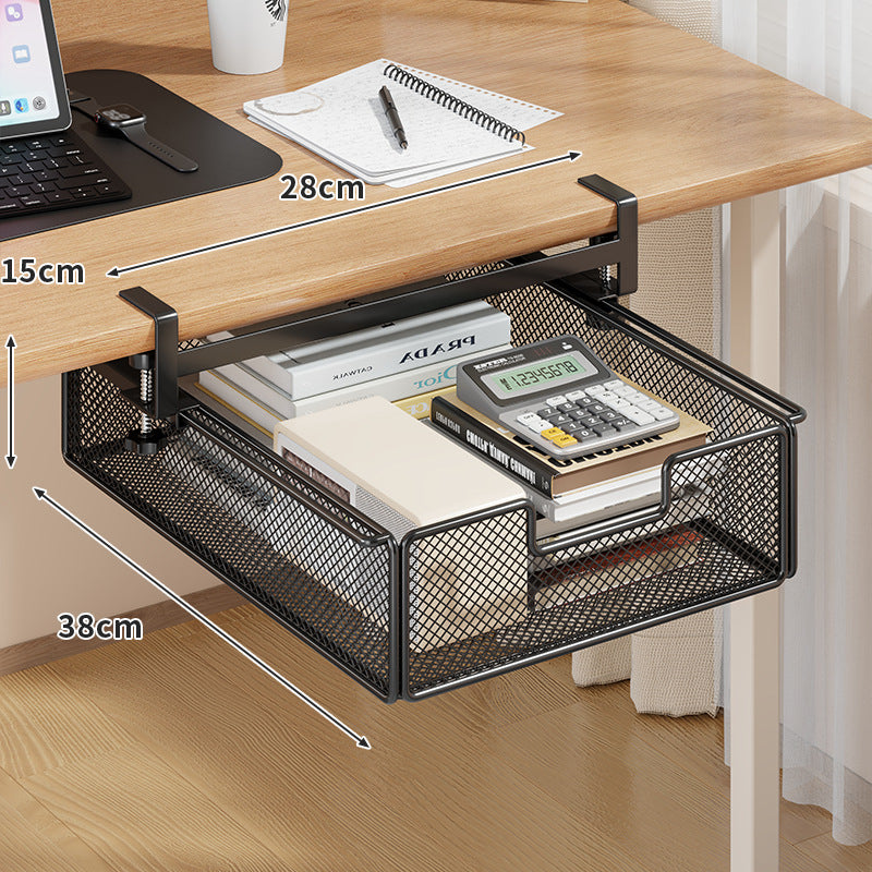 Desktop Drawer Organizer, Under-Desk Hanging Storage Box, Iron Mesh Office Supply, Long Rectangle Design, Chinese Style