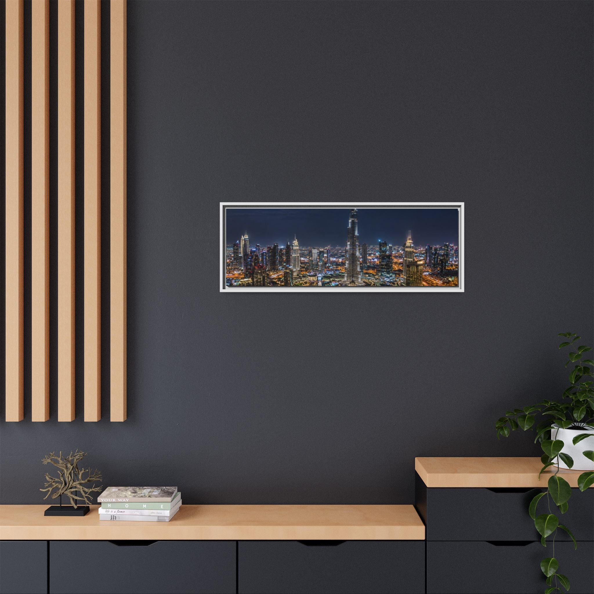 Dubai Night Skyline Matte Framed Canvas Print