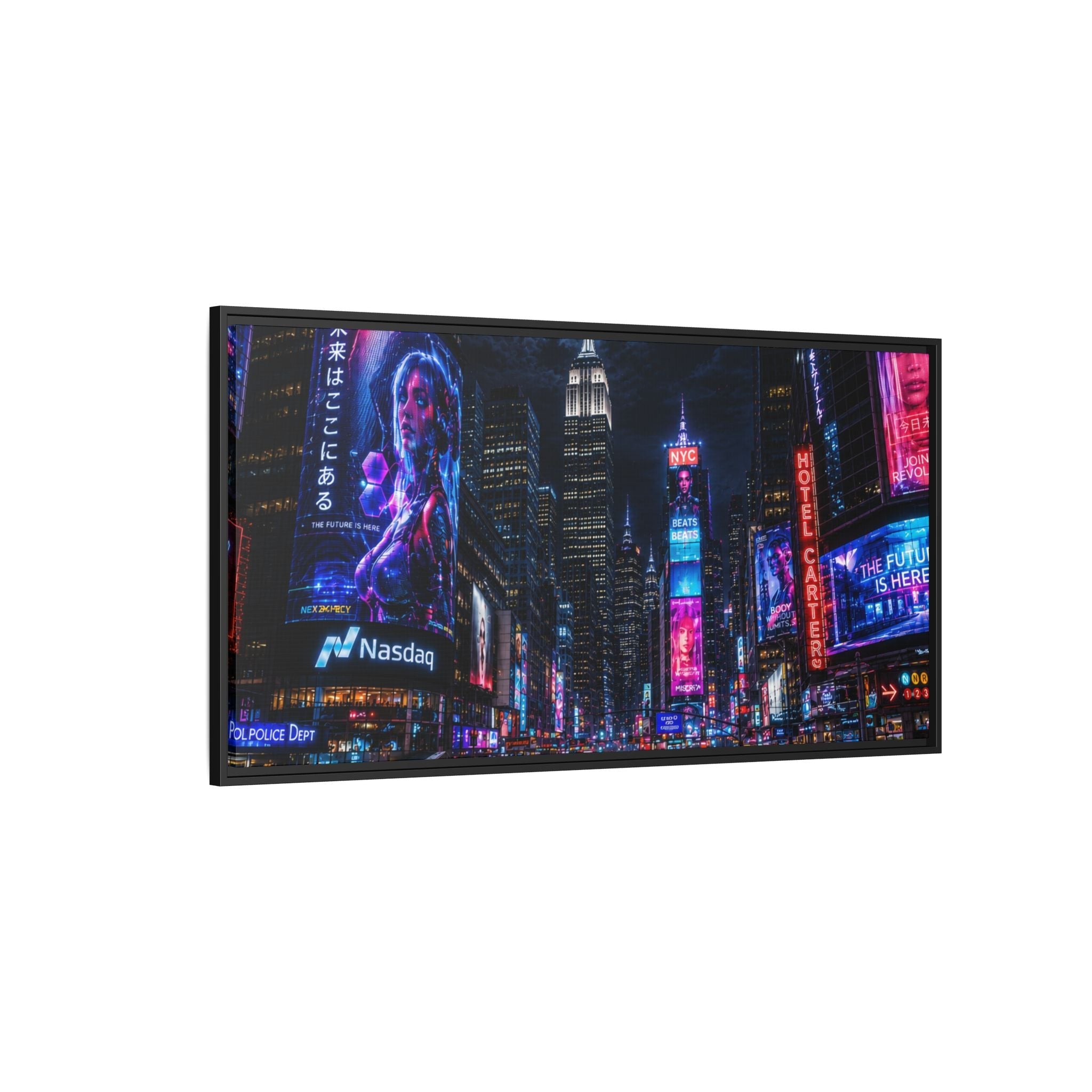 Time Square City Scape "Cyberpunk themed" Neon City Nights Matte Canvas Print (Framed)