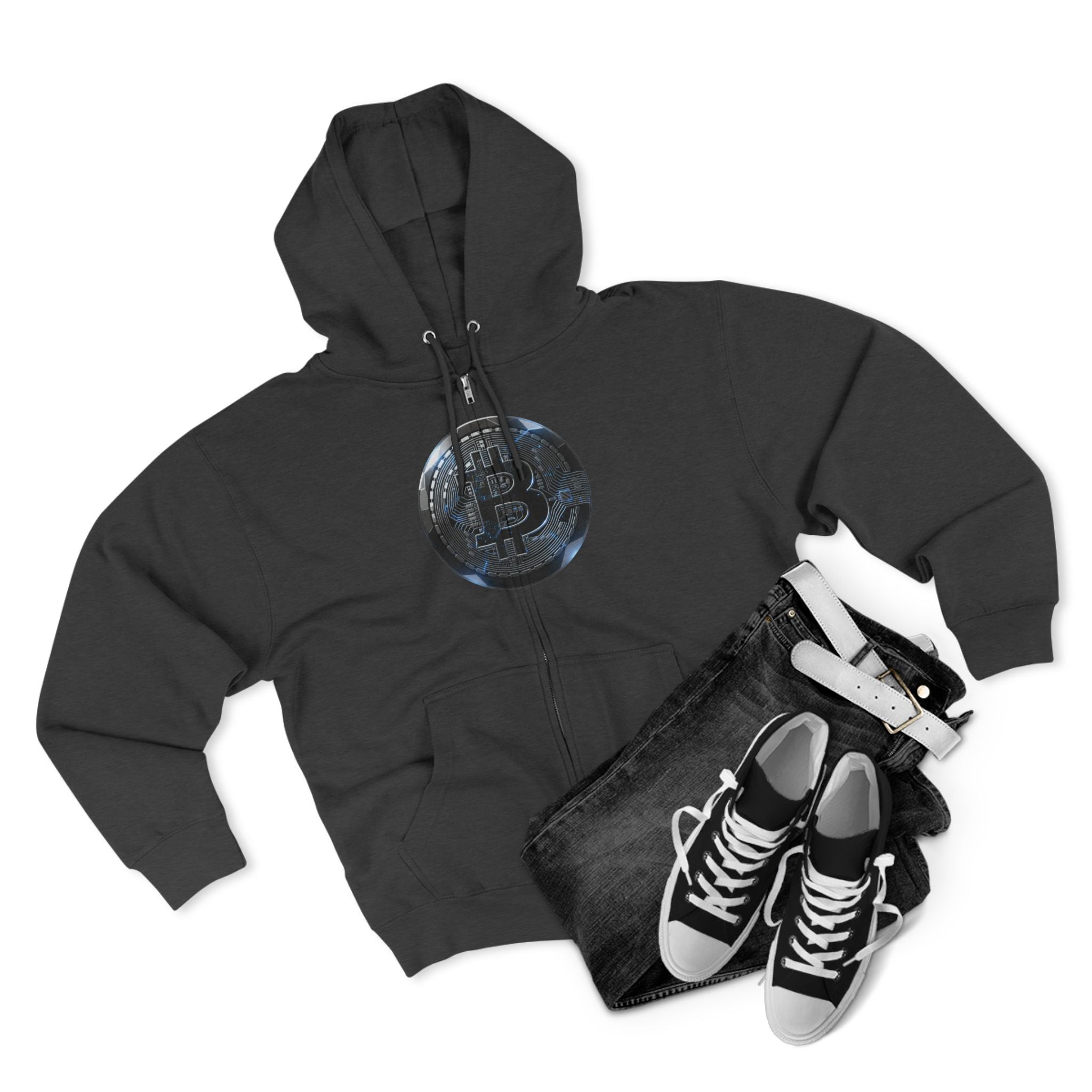 Bitcoin Coin Zip Hoodie — Crypto Logo Zip-Up Hoodie for Bitcoin Enthusiasts