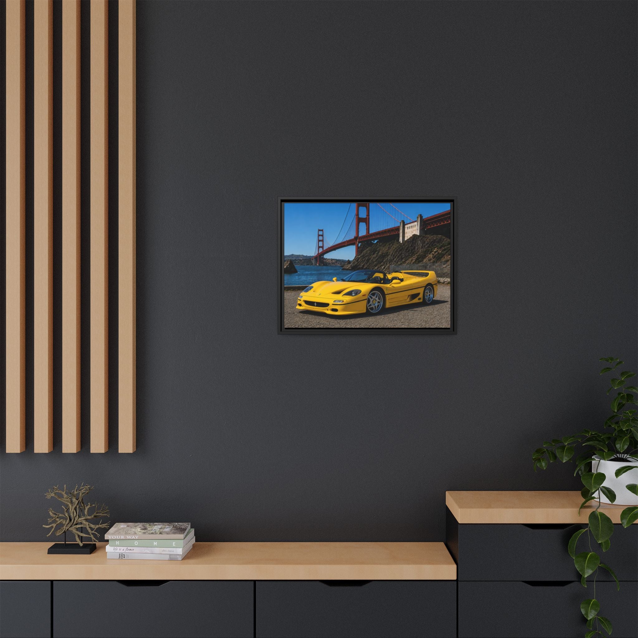 Ferrari F50 1995 Yellow — Framed Matte Canvas of Ferrari by Golden Gate Bridge