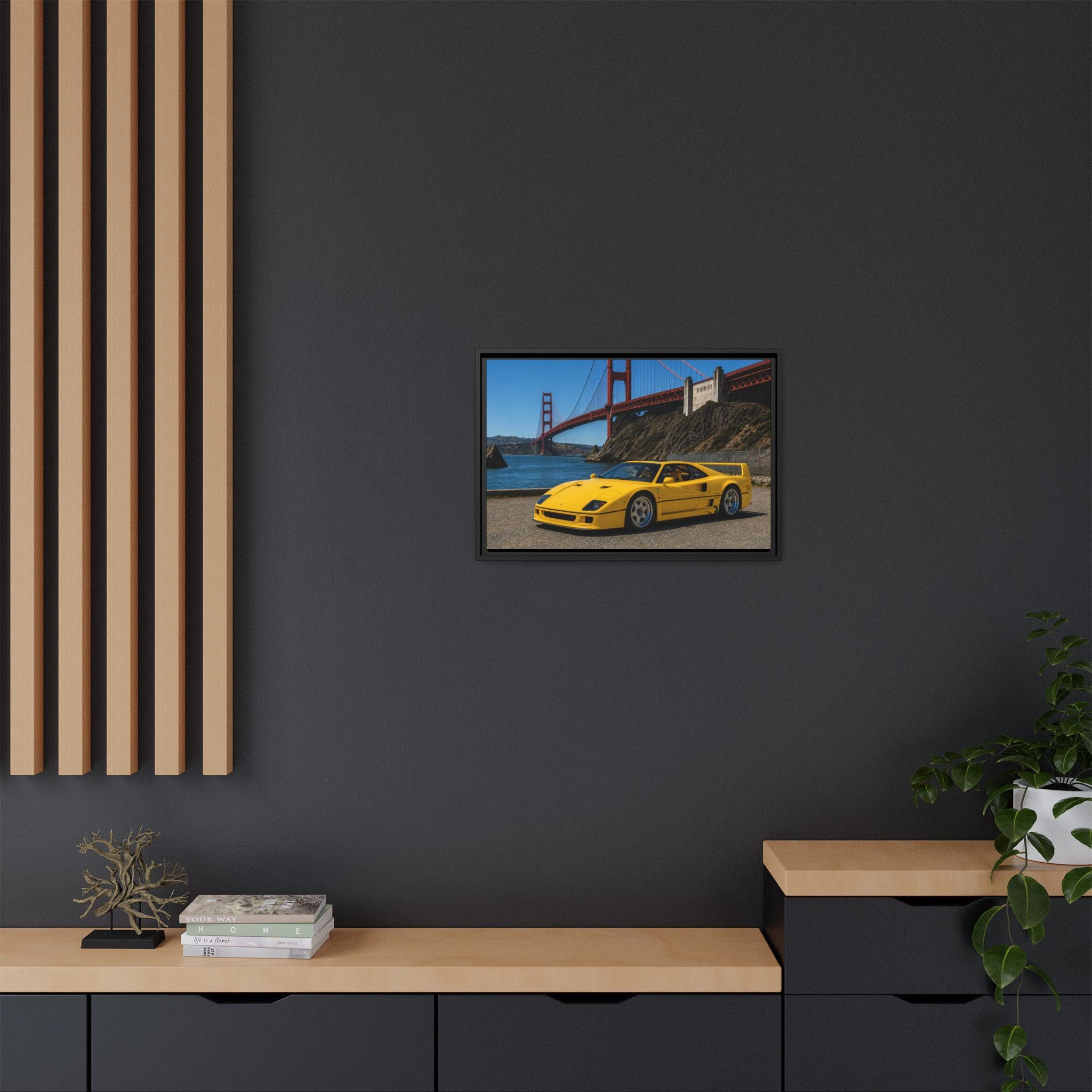 Ferrari 1987 F40 — Yellow Ferrari by the Golden Gate Bridge - Stunning Framed Canvas