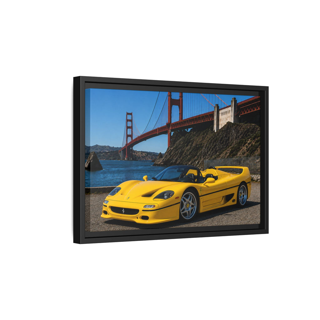 Ferrari F50 1995 Yellow — Framed Matte Canvas of Ferrari by Golden Gate Bridge