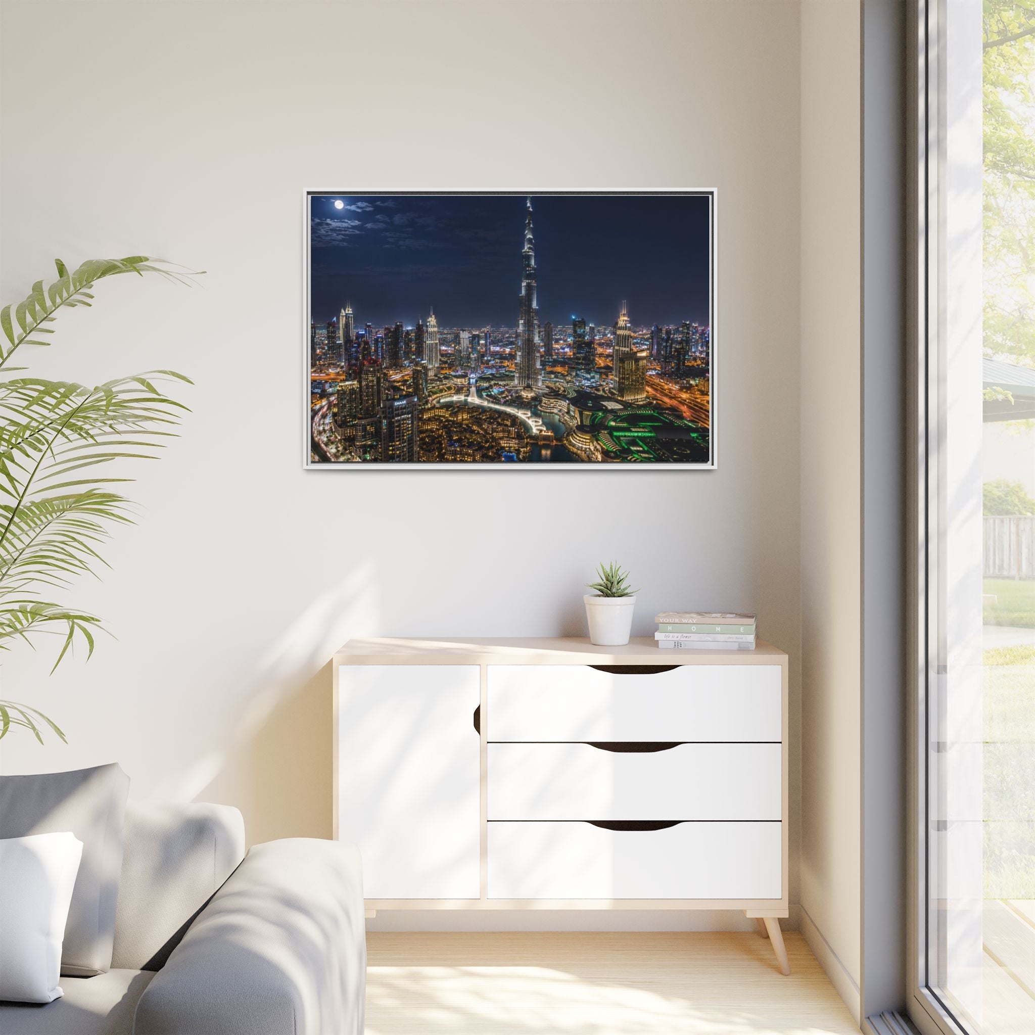 Dubai Night Skyline Matte Framed Canvas Print