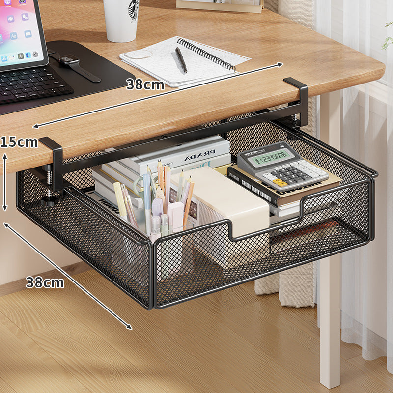 Desktop Drawer Organizer, Under-Desk Hanging Storage Box, Iron Mesh Office Supply, Long Rectangle Design, Chinese Style
